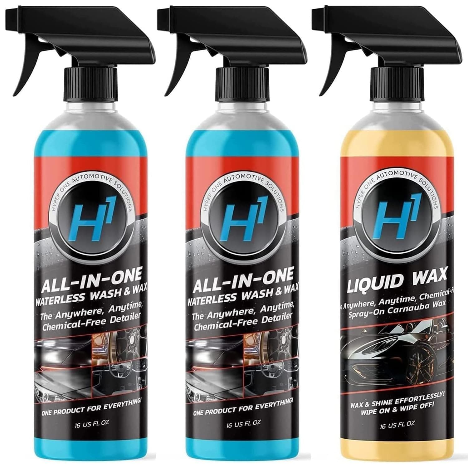 Hyper One Ultimate Car Care Triple Pack - 2 Waterless Car Wash & 1 Liquid Carnauba Wax Spray, High-Gloss Interior & Exterior Detailing Set for Cars, 24 Small Car Wash Capacity (16 fl oz)