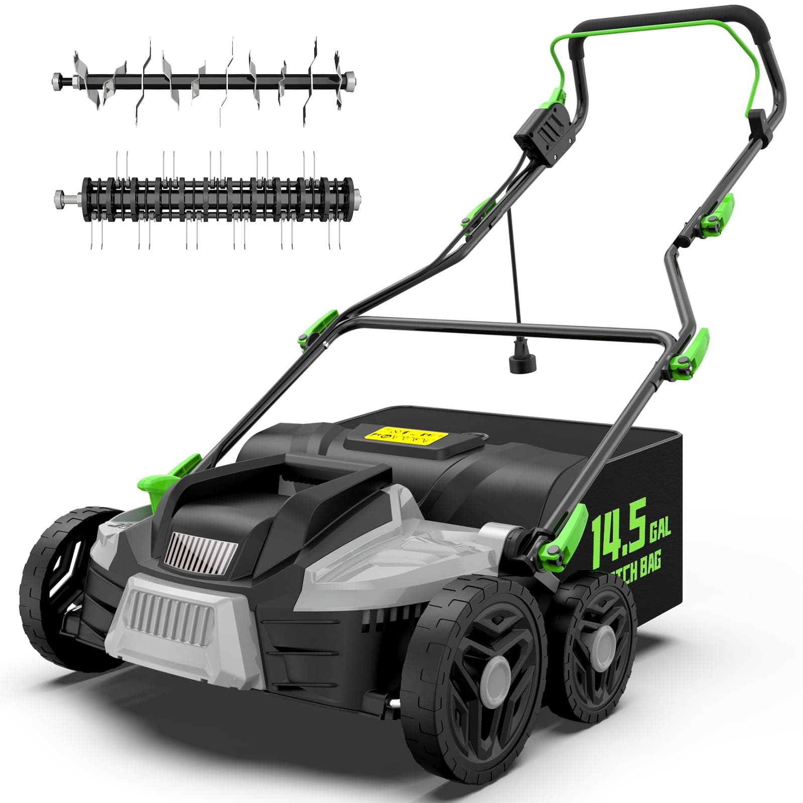 16-Inch 15.5 Amp 2-in-1 Electric Dethatcher and Scarifier with 14.5-Gallon Removable Thatch Collection Bag, Lawn Dethatcher with 5-Position Depth Adjustment, Quick-Fold, Keeps Lawn Healthy
