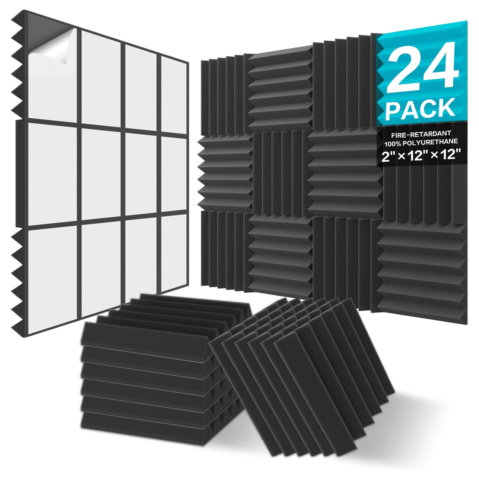 24Pack Sound Proof Foam Panels, 2" X 12" X 12" Self-Adhesive Acoustic Wall Paddings for Home Office Studios (Black)