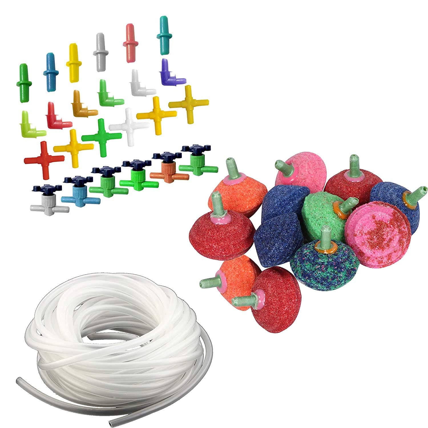Soft Plastic Oxygen Pump Hose-Air Bubble Stone Aquarium Fish Tank White, 10 M/4x6 Mm Air Tube with 12pcs Air Stone and Air Tube Outlet Multicolor Connector 24 Pieces