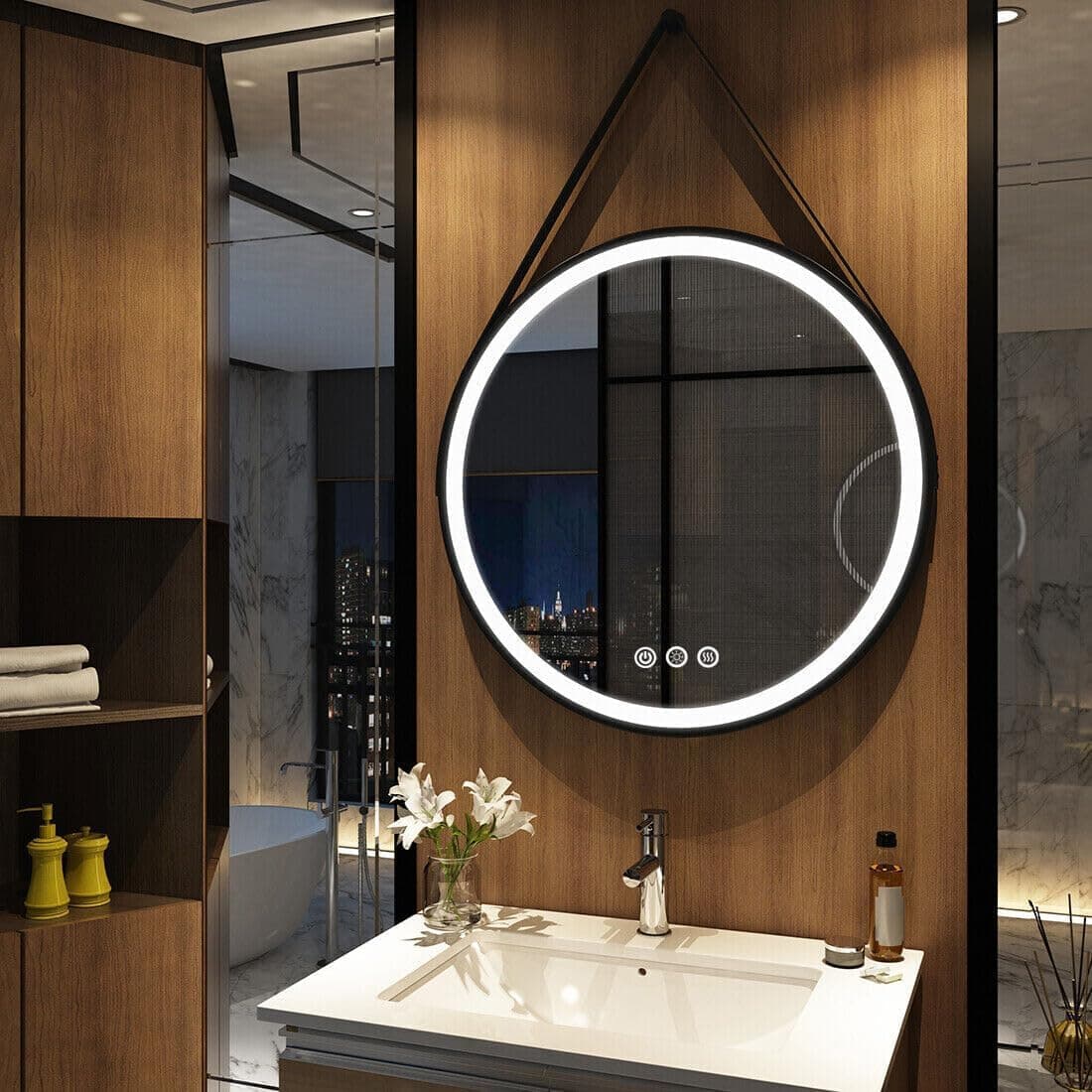 Bathroom Mirror with LED Light: 60cm Round Illuminated Wall Mirror with Aluminum Alloy Black Frame Hanging Strap Touch Switch Anti-fog 3 Lighting Color, Memory Function