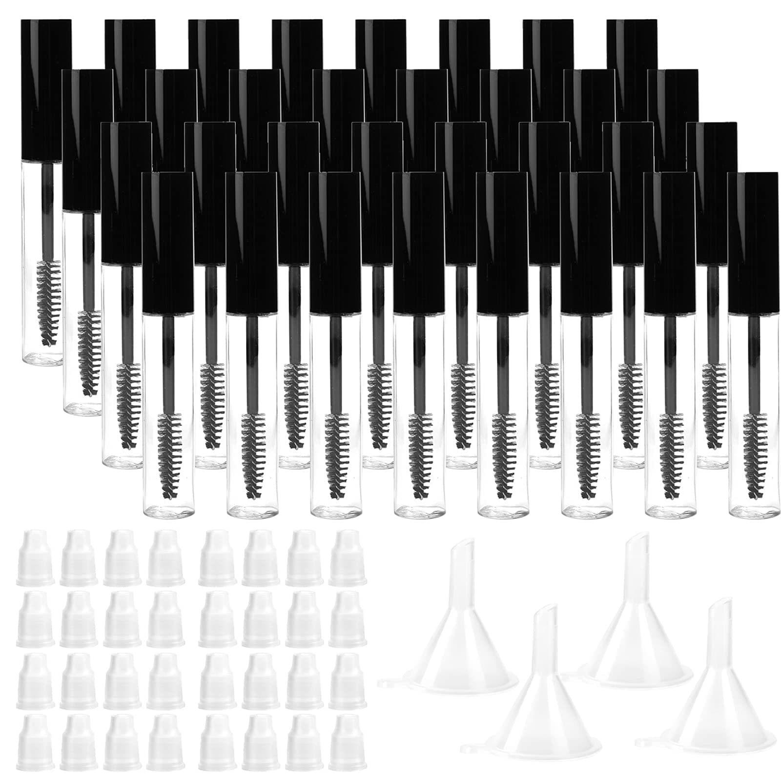 Hedume 32 Pack 10ml Empty Mascara Tube with Eyelash Wand, Eyelash Cream Container Bottle with Rubber Inserts and Funnels for Castor Oil, DIY Cosmetics