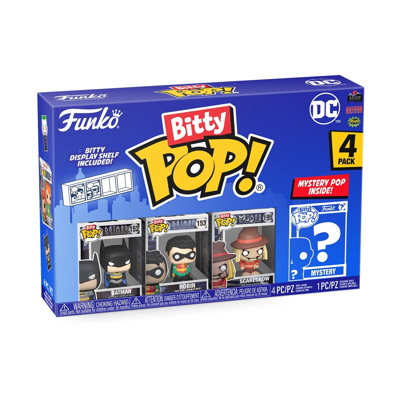 Bitty Pop! DC - Batman, Robin, Scarecrow and A Surprise Mystery Mini Figure - 0.9 Inch (2.2 Cm) - DC Comics Collectable - Stackable Display Shelf Included - Gift Idea - Party Bags Stocking