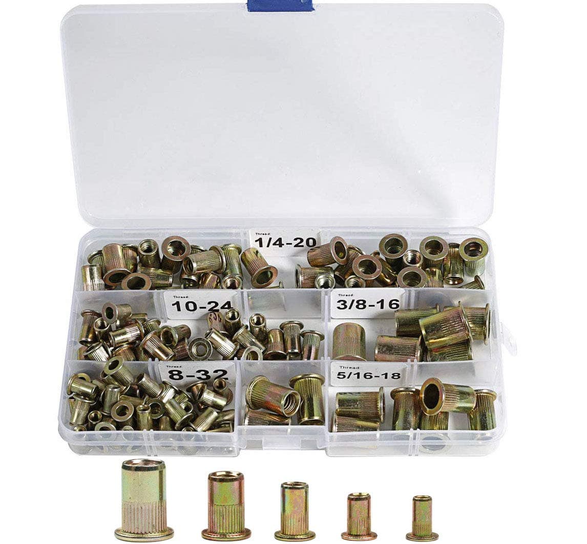 120PCS SAE Rivet Nuts 8-32 10-24 1/4"-20 5/16"-18 3/8"-16 Rivnuts Nutsert Kit Threaded Rivet Insert Carbon Steel