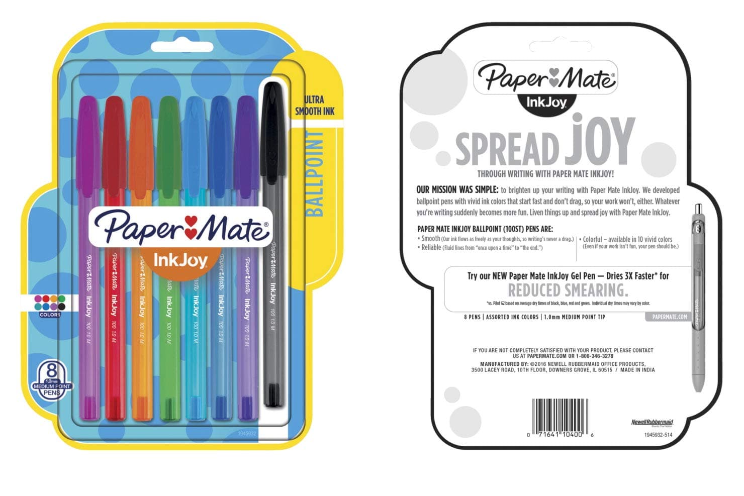 Paper Mate Inkjoy 100 Ballpoint Pen, Stick, Medium 1 Mm, Eight Assorted Ink And Barrel Colors, 8/pack