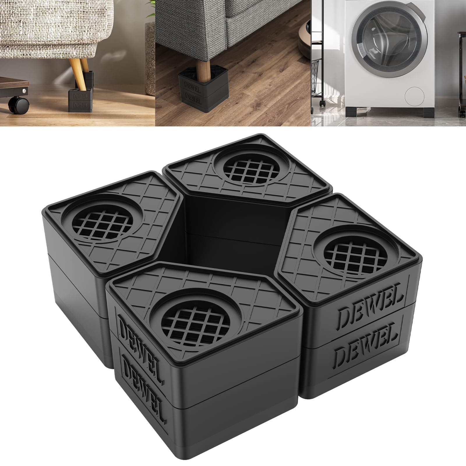 Anti Vibration Pads for Washing Machine. 4 Pack Washer and Dryer Pedestals High Hard Wearing Stackable Rubber Pads. Shock and Noise Cancelling for Washing Machine Foot Pads (Black)