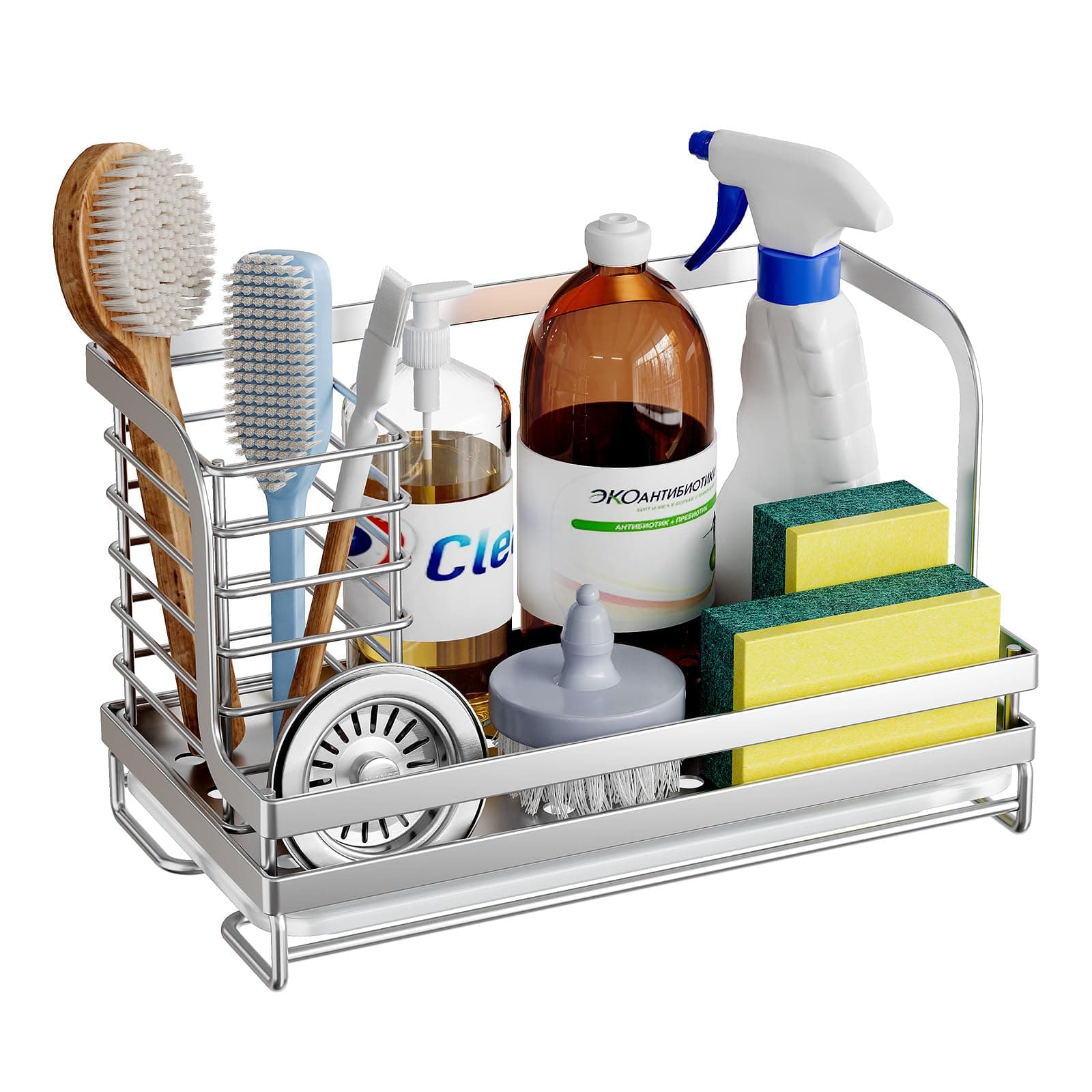 Sink Caddy, Kitchen Sink Organizer Caddy Sponge Scrubber Brush Dishrag Dishcloth Holder Rack with Drain Pan Tray Countertop Stainless Steel Rustproof