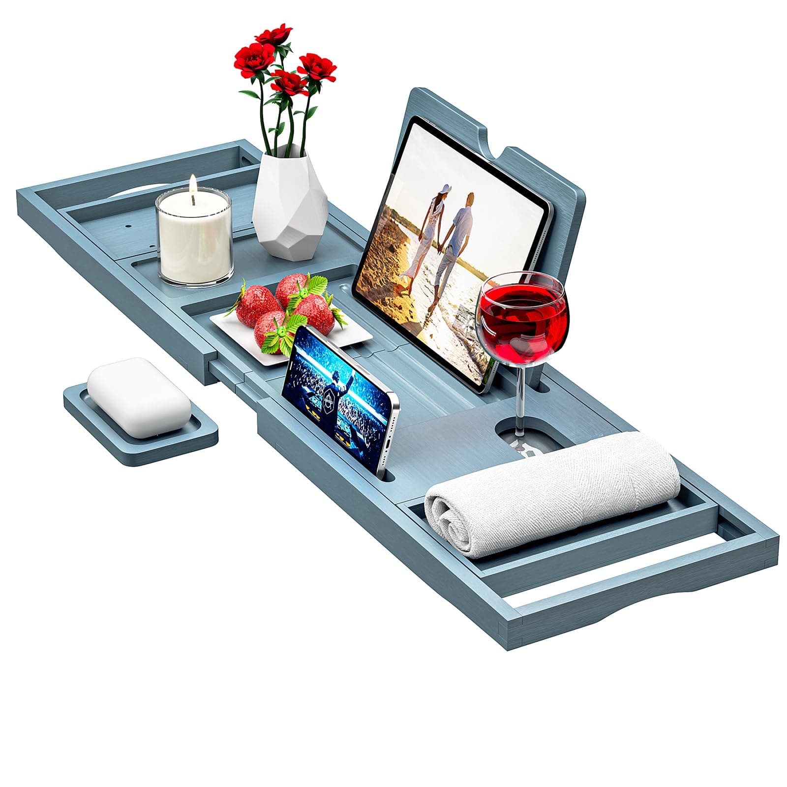 Bamboo Bathtub Caddy Tray - Bath Tray - Bath Tub Tray Table for Bathtub - Expandable Size (Gray)