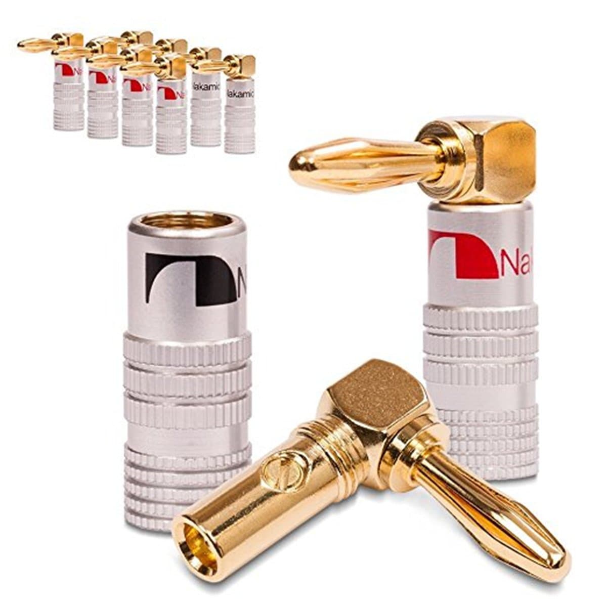 4 pcs 24K Gold 90 Degree Right Angle Audio Speaker Banana Plugs Audio Jack Connector for Speaker Cable, Corrosion-Resistant, 2 Black and 2 Red