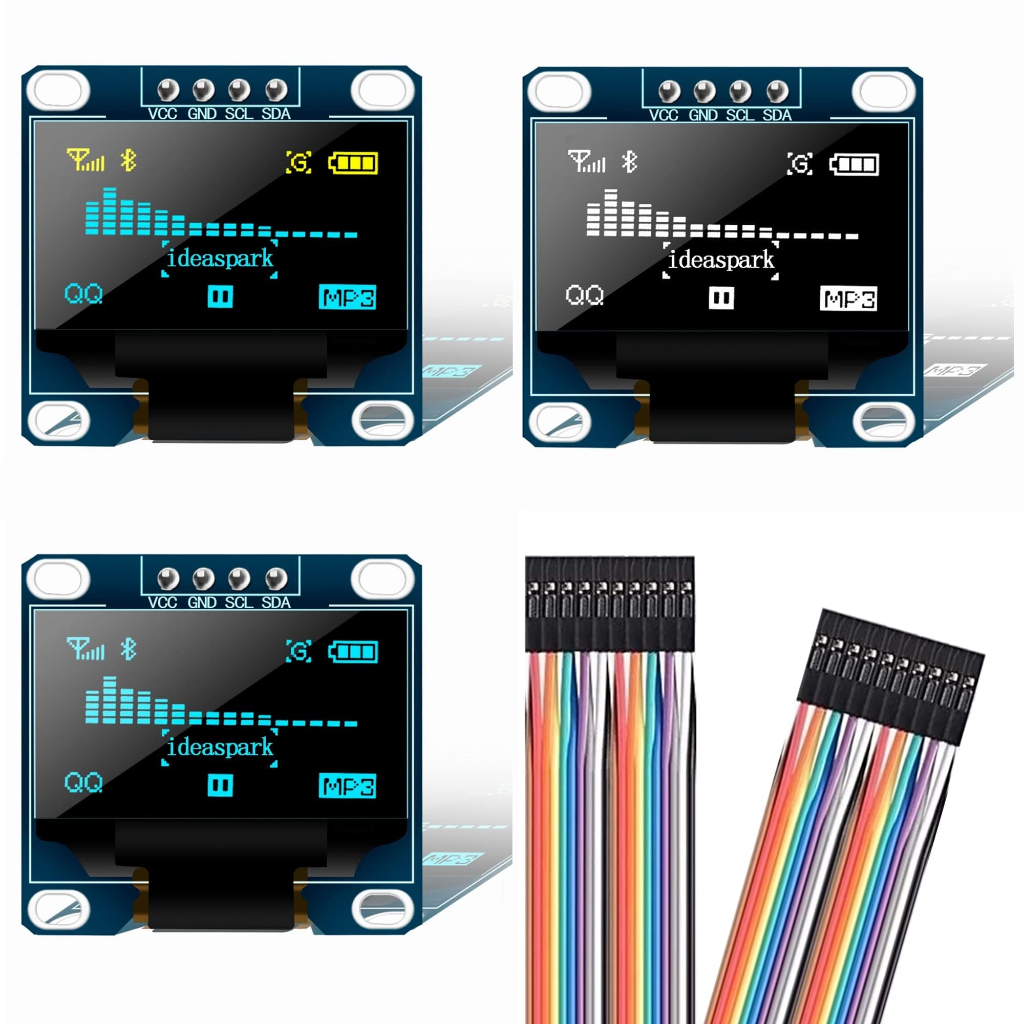 3Pcs 0.96 Inch OLED Display 3-Colors 128x64 SSD1306 SPI I2C IIC Serial LCD Screen Module Board with 4 Pins Soldered and 10 Dupont Cable Work Great with Arduino for Raspberry Pi
