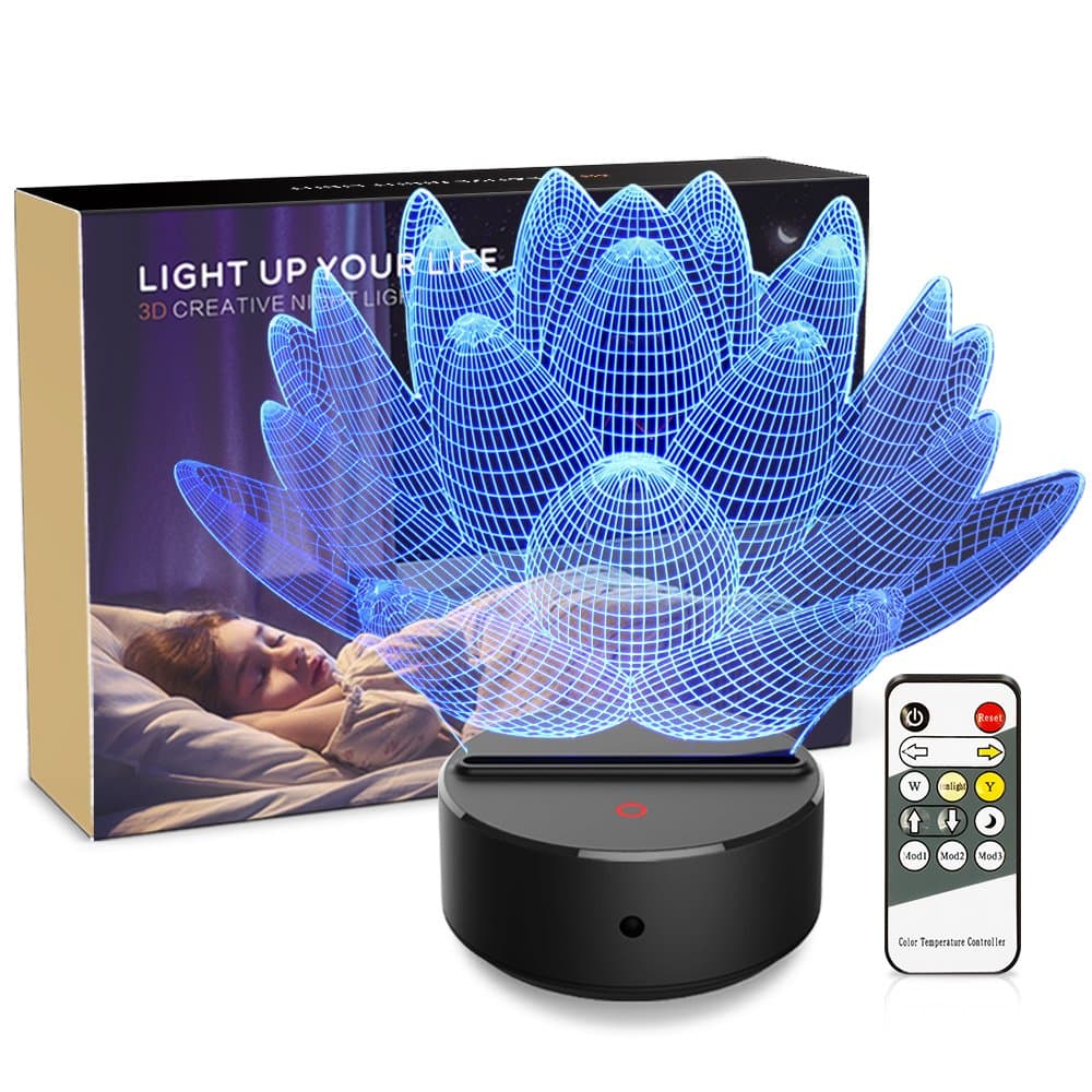 Night Light 3D Lotus Flower 3D Lamp Optical Illusion Kids Night Light 7 Colors Change LED Touch Table Desk Lamps with Remote for Boys Girls Bedrooms Birthday Gifts