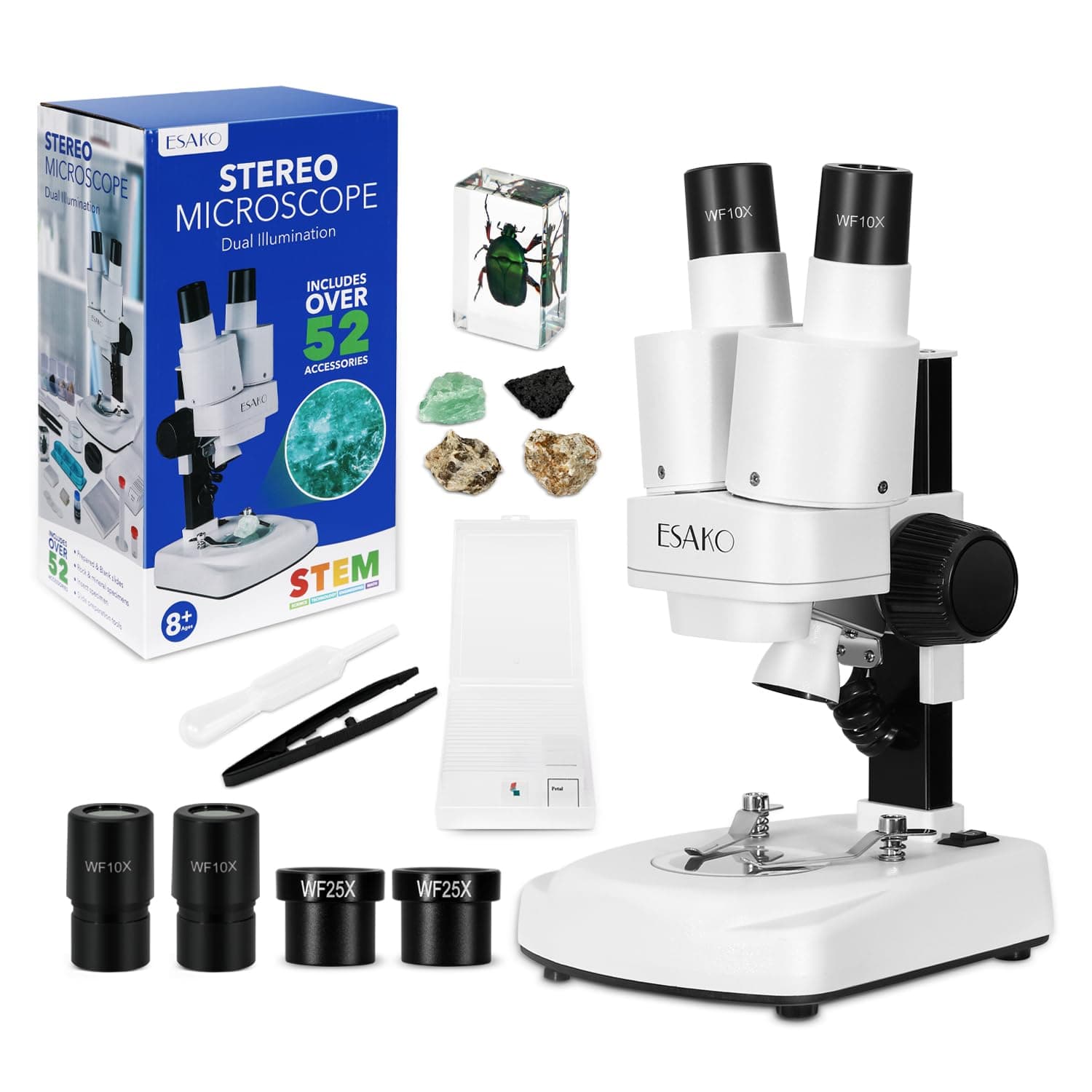 – ESAKO Dual LED Kids Microscope - Science Kit with 10 Prepared Slides & 10 DIY Blank Slides, Mineral & Insect Specimens, Microscope Kit for Kids
