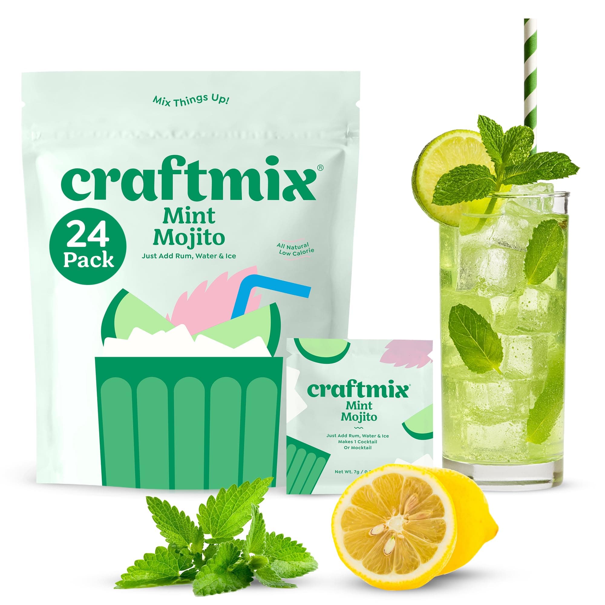 Craftmix Mint Mojito 24 Pack Cocktail Mixers Kit - Low Sugar Skinny Margarita Mix, Easy to Use Keto Low Carb drink mixers set for cocktails mocktails, Adult Party Favors women's Birthday Gifts, Travel