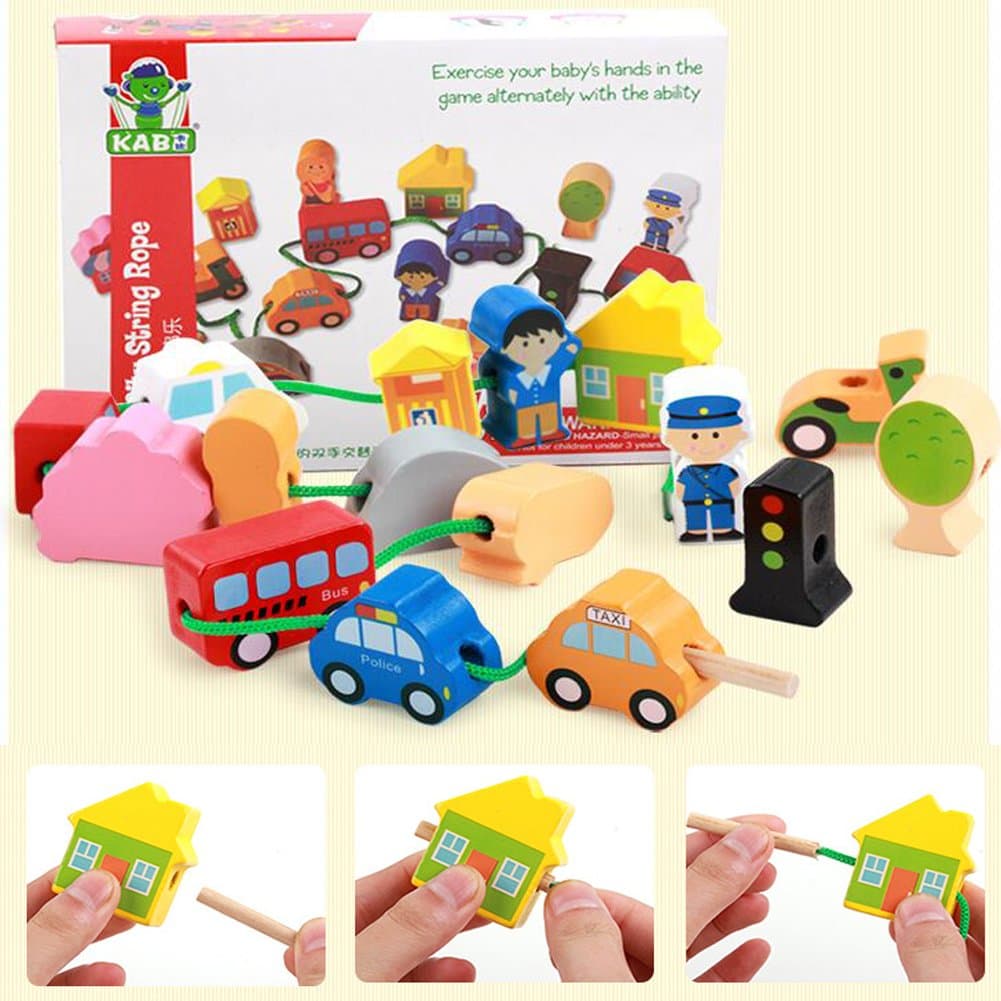 New Style Wooden Lacing String Beads Blocks Set Educational Toys Game For kids,16 Pcs Of Colourful Blcoks In The Box,Include Vehicle Person House,Little Hands String A City,Child Wood Block Puzzles