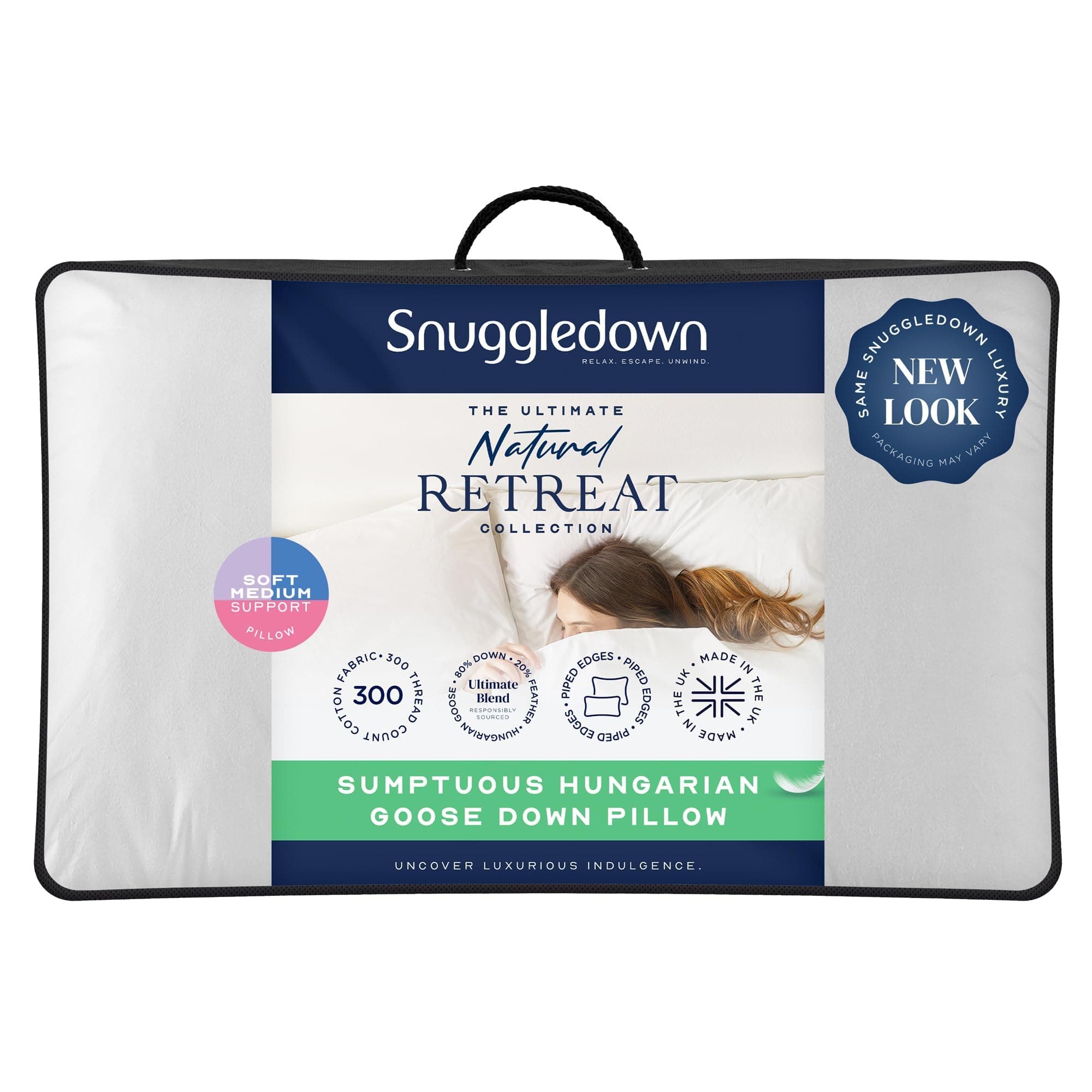 Snuggledown Hungarian Goose Down Pillow - 80:20 Ethically Sourced Fill for Front & Back Sleepers | Jacquard Cotton Cover, UK‑Made, Non-Allergenic & Washable (48 × 74 cm)