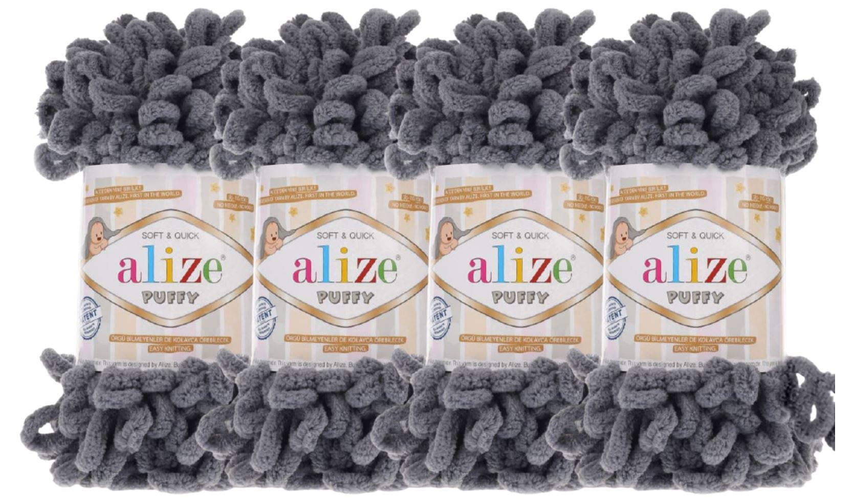 4 skn/Ball Alize Puffy Baby Big Loop Blanket Yarn 100% Micropolyester Soft Yarn 400gr 39.3 yds (87-Coal Grey)