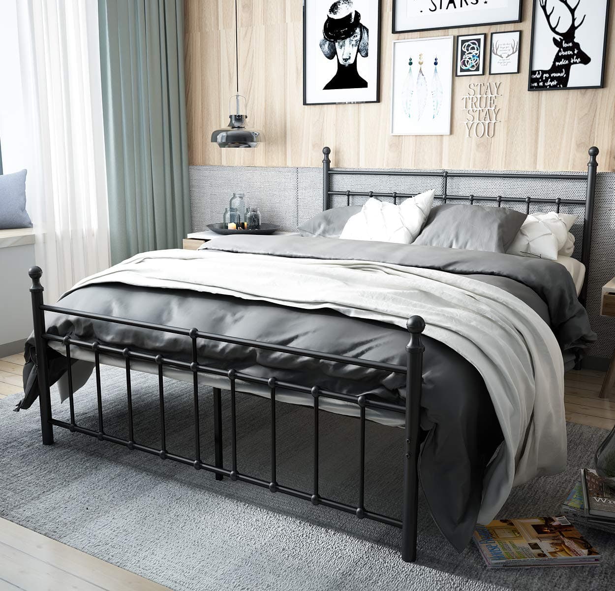 TEMMER Reinforced Metal Bed Frame Queen Size with Headboard and Stable Metal Slats Boxspring Replacement/Footboard Single Platform Mattress Base, Black (Queen, Black)