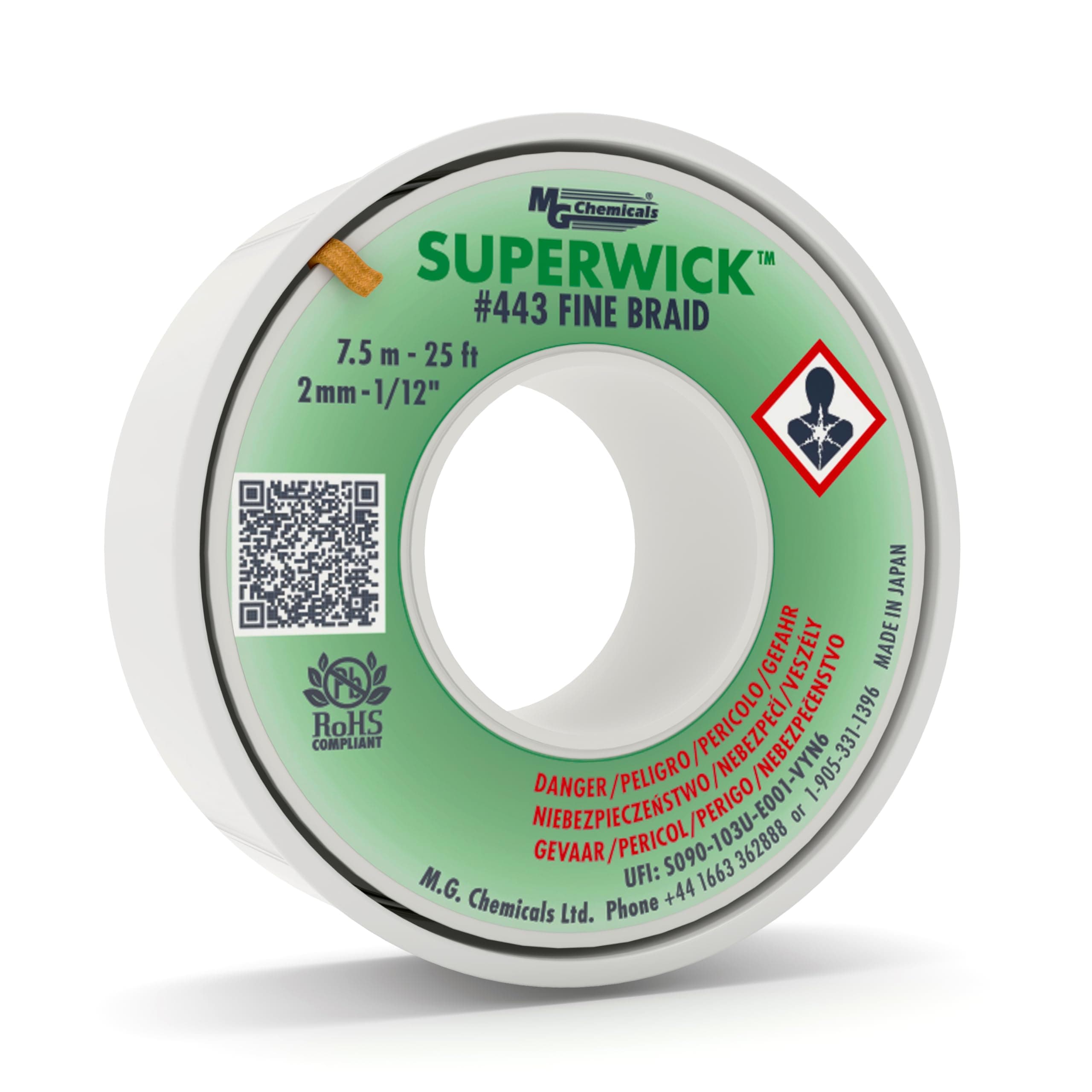 Desoldering Braid #3 Fine Braid Super Wick with RMA Flux, 25' Length x 0.075" Width, Green
