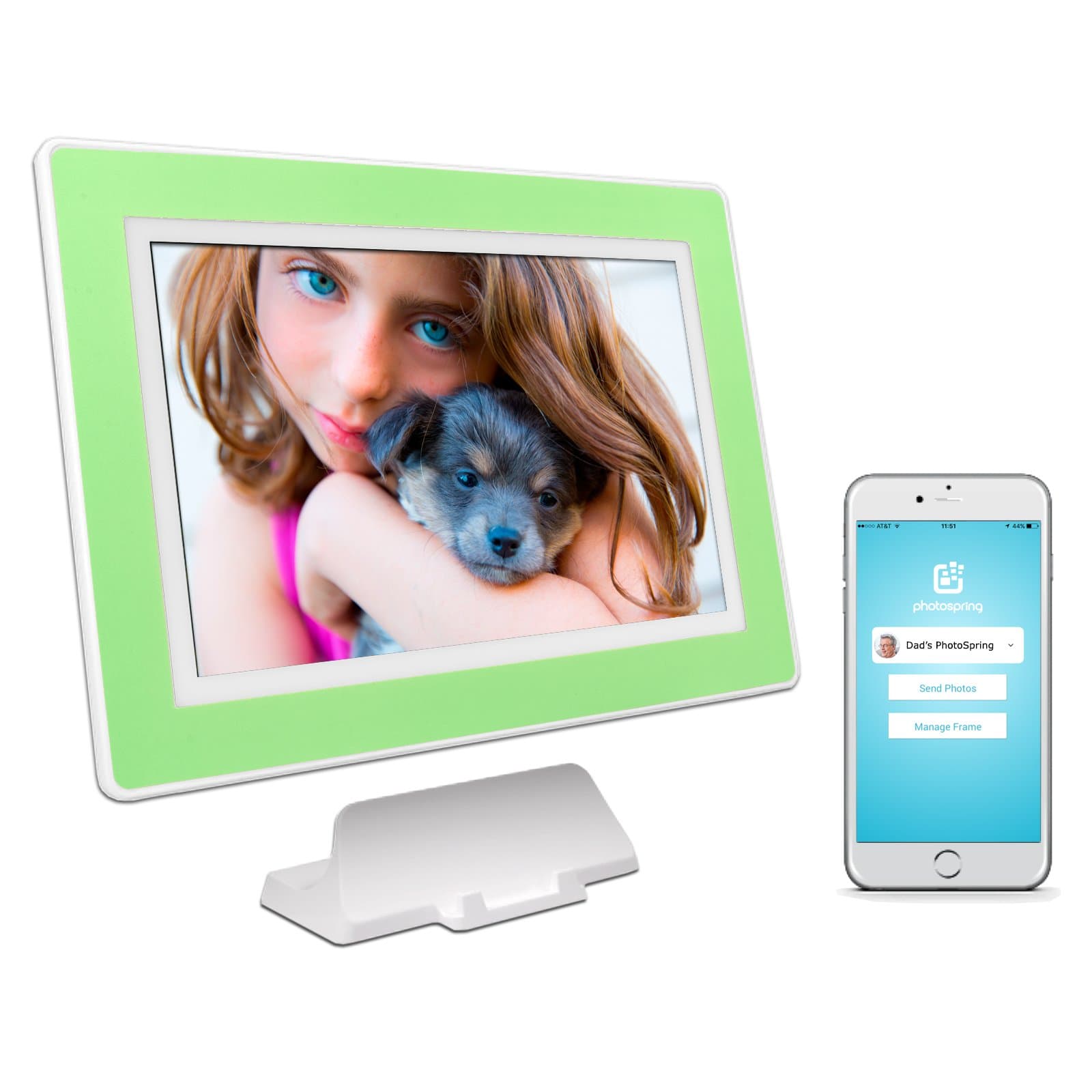 (32GB) 10-inch WiFi Cloud Digital Picture Frame - Battery, Touch-Screen, Plays Video and Photo Slideshows, HD IPS Display, iPhone & Android app (White/Sea Foam Green Mat - 32,000 Photos)