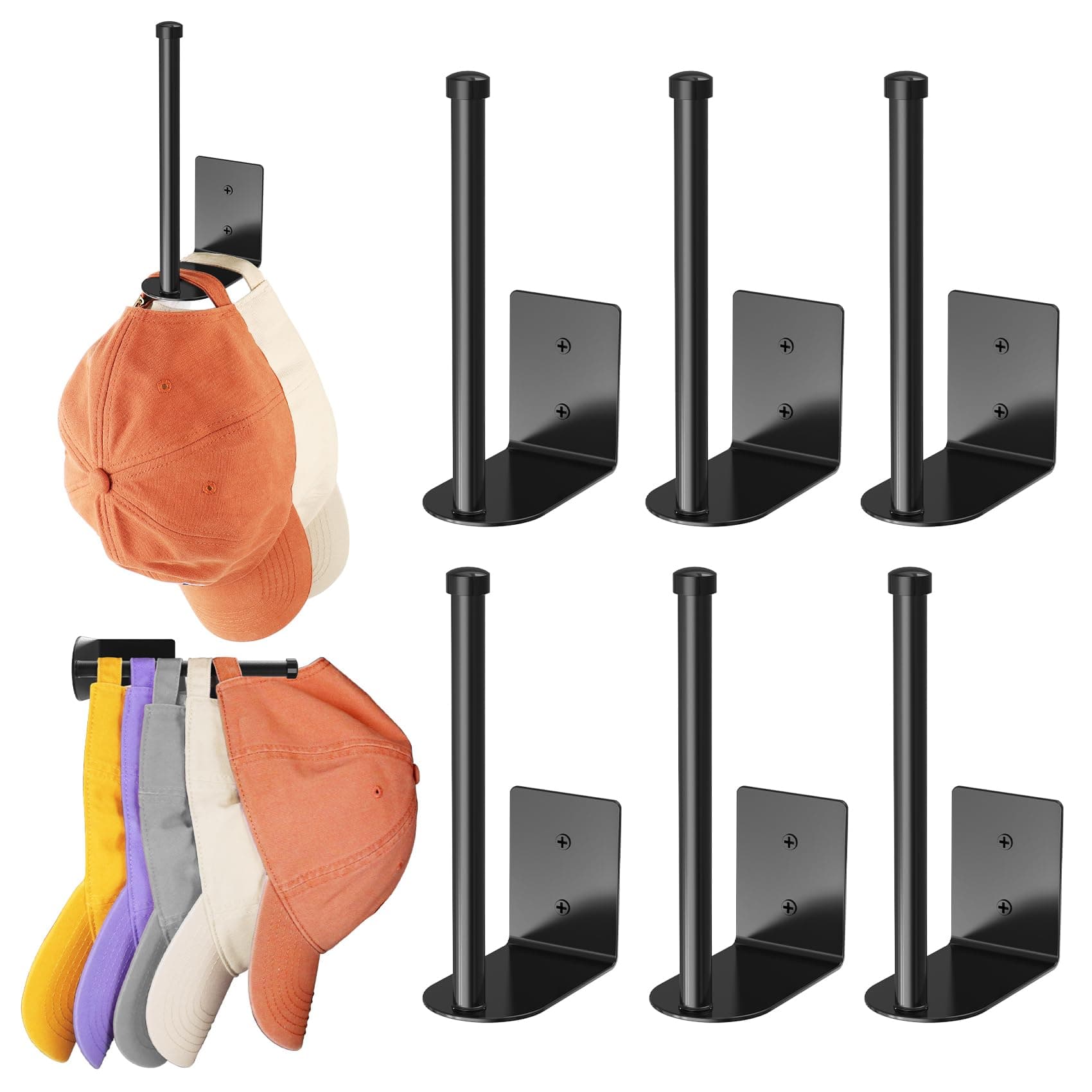 Durmmur 6 Pack Hat Racks for Baseball Caps, Stainless Steel Hat Organizer for Baseball Cap, Hat Holder Storage Organizer, Hat Hanger Strong Adhesive/Wall Drilled for Door, Bedroom, Closet(Black 6 in)