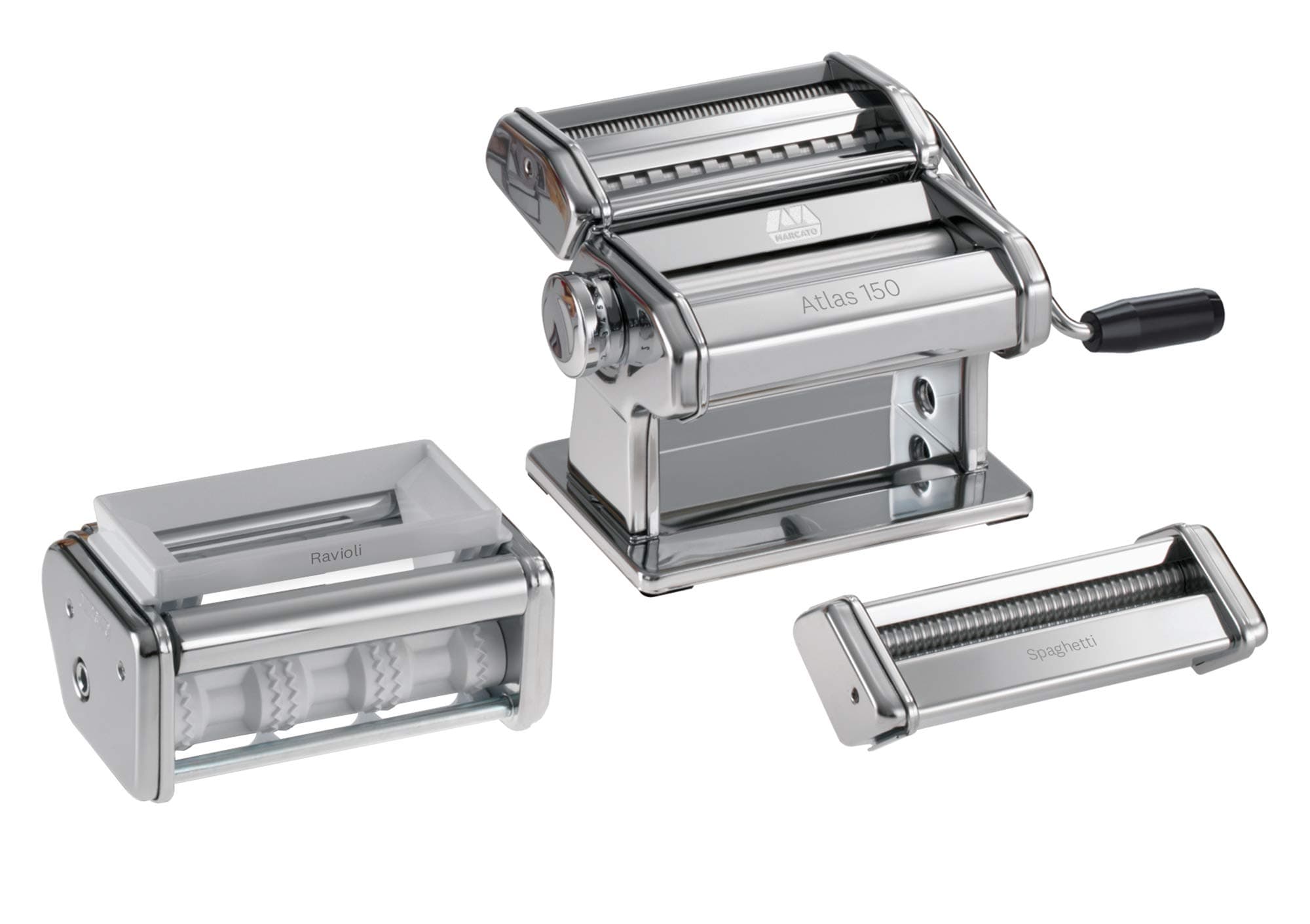 MARCATO Made in Italy PASTASET Pasta Machine Gift Set, Chrome Steel. Includes Atlas 150 Pasta Machine, Ravioli & Spaghetti Attachments.
