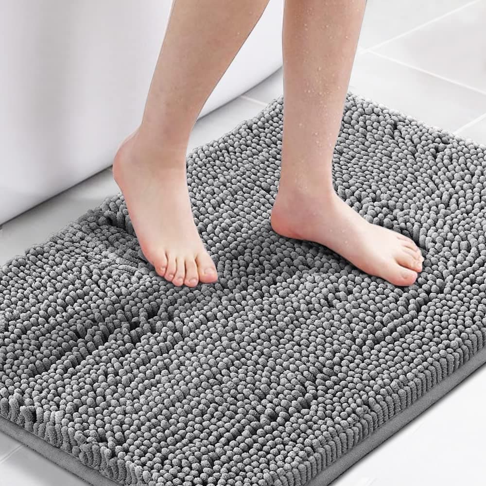 Microfiber Bath Rugs Chenille Floor Mat Ultra Soft Washable Bathroom Dry Fast Water Absorbent Bedroom Area Rugs Grey, 20 inches by 32 inches