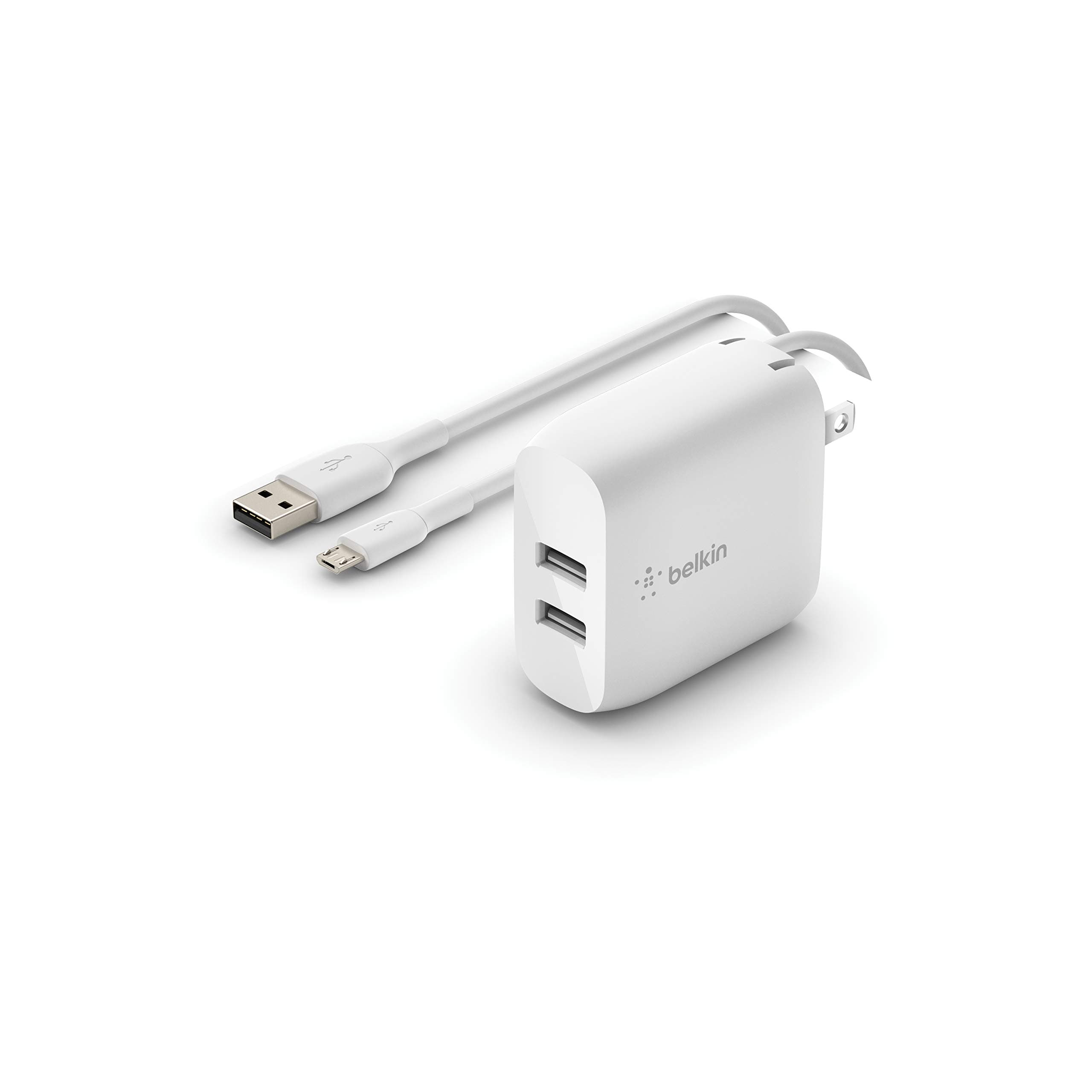 Dual Port USB Charger Block 24W - Micro USB Cable Included - iPhone Fast Charging – iPhone 17, Air, Pro, Pro Max, iPad, AirPods, Apple Watch, Samsung S25, Google Pixel 10, etc. - White