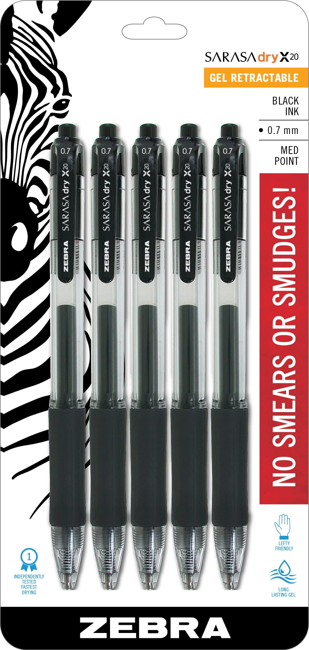 Zebra Pen Sarasa Retractable Gel Ink Pens, Medium Point 0.7mm, Black Rapid Dry Ink, 5-Count