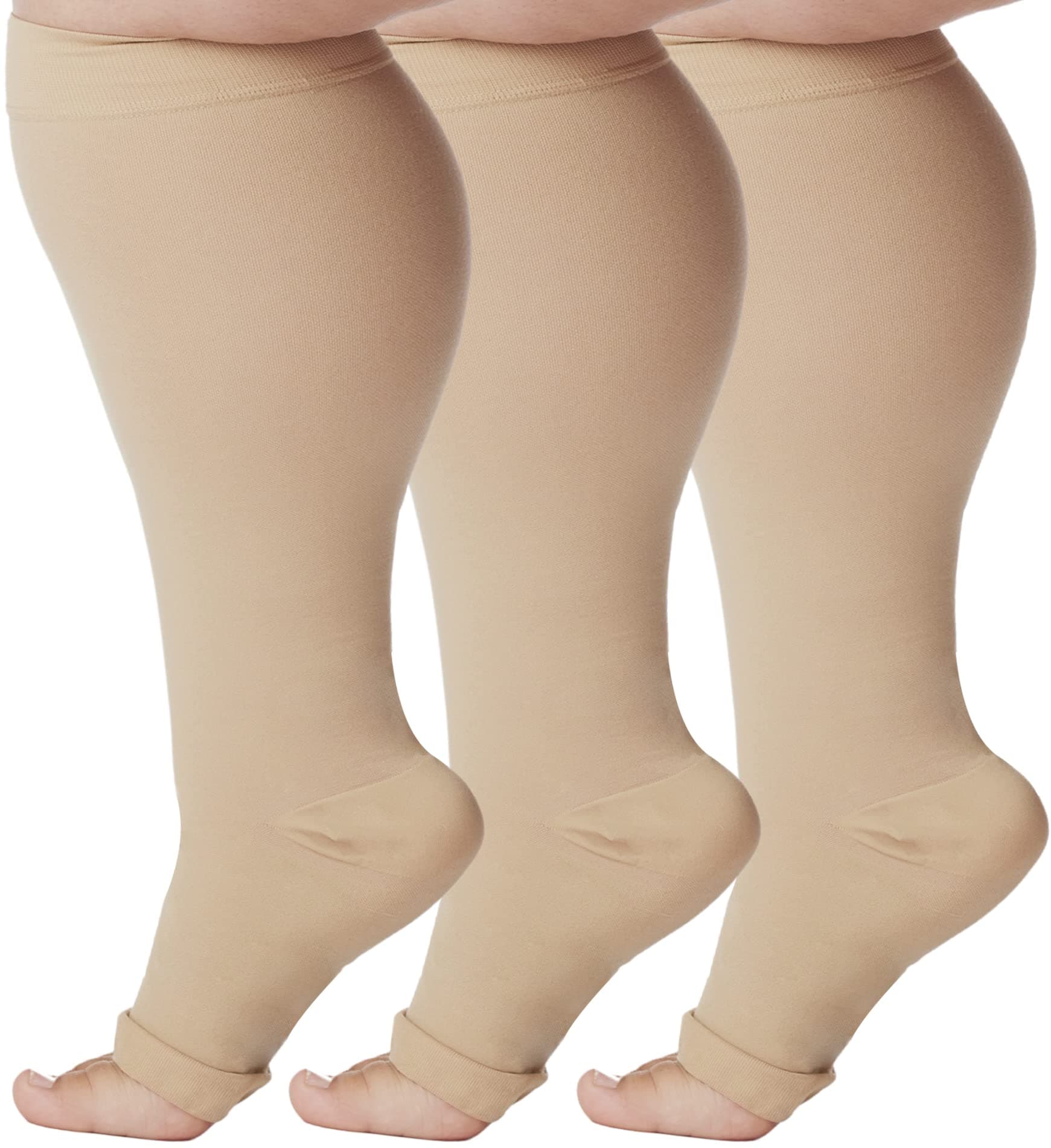ABSOLUTE SUPPORT(3 Pairs) Wide Calves Support Compression Socks for Women and Men 20-30mmHg | For Embolism, Varicose Veins, Arthritis - Open Toe - Beige, 7X-Large - A511BE10-3