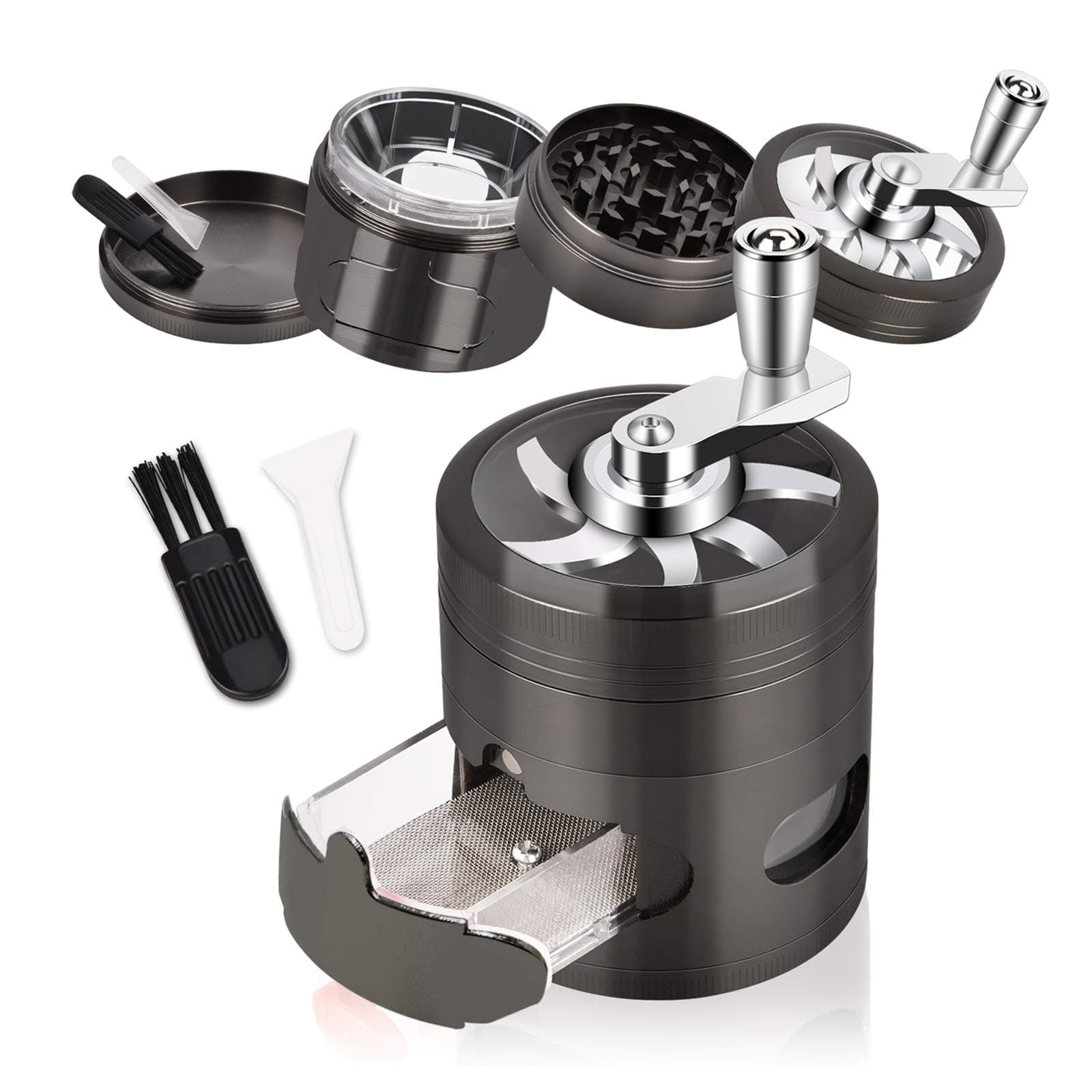 Herb Grinder Hand Cranked, 2.5" Large Capacity Spice Grinder with Handle and Magnetic Lid, 4 Pieces Zinc Alloy Grinder with Drawer and Pollen Catcher (Gun Black, 2.5")