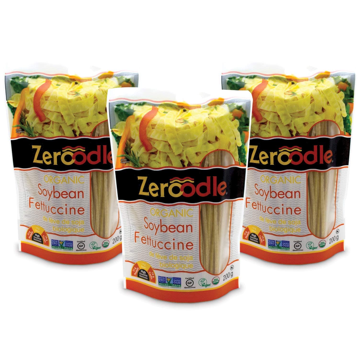 Zeroodle 3-Pack Low Net Carb Gluten Free Vegan Pasta - Organic Soybean Fettuccini Noodles - High Protein