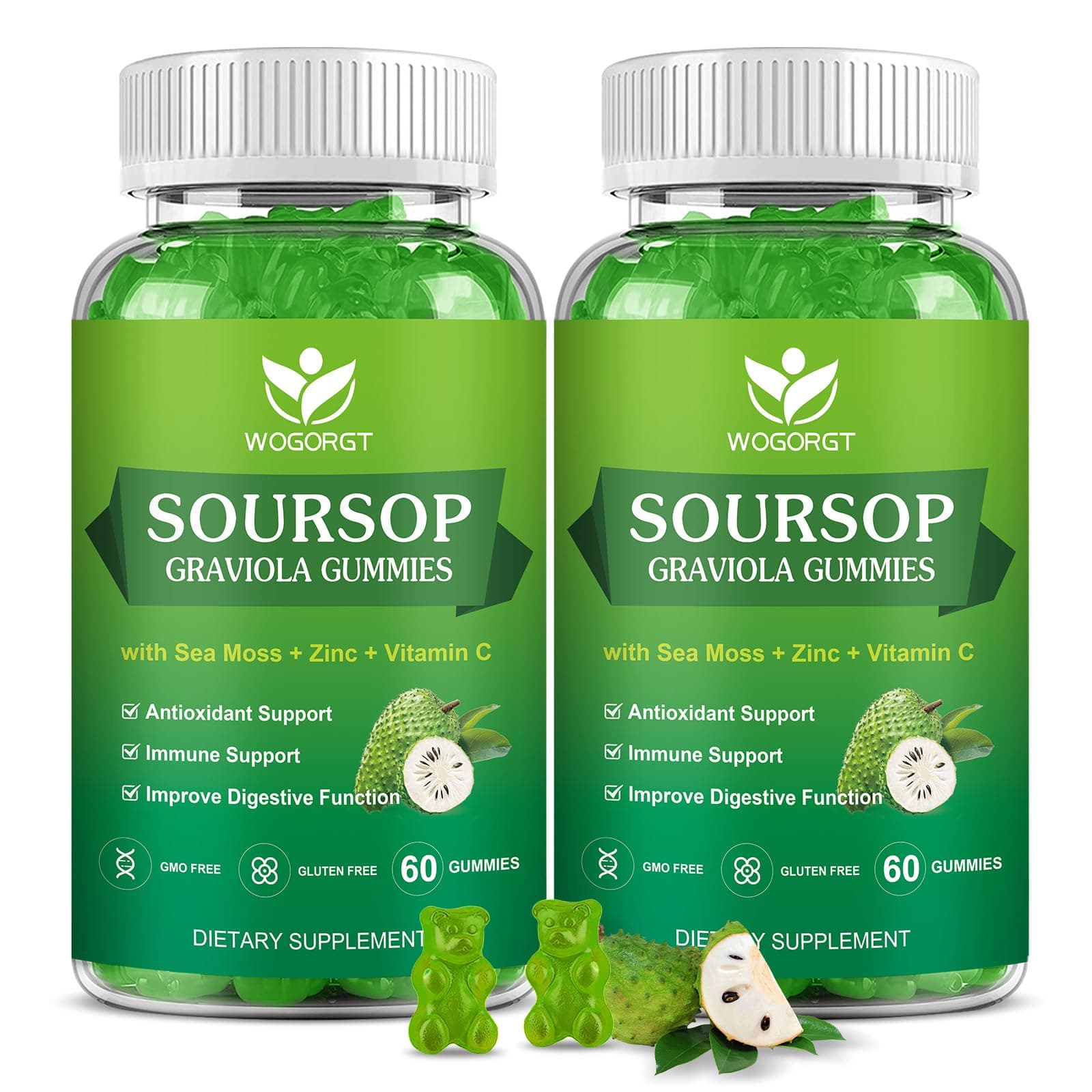 Soursop Graviola Gummies with Sea Moss Extract - Antioxidant, Cell Support & Regeneration, Immune Support, Soursop Gummy with Sea Moss, Vitamin C & Zinc, Apple Flavor - 60 Gummies(2 Pack)