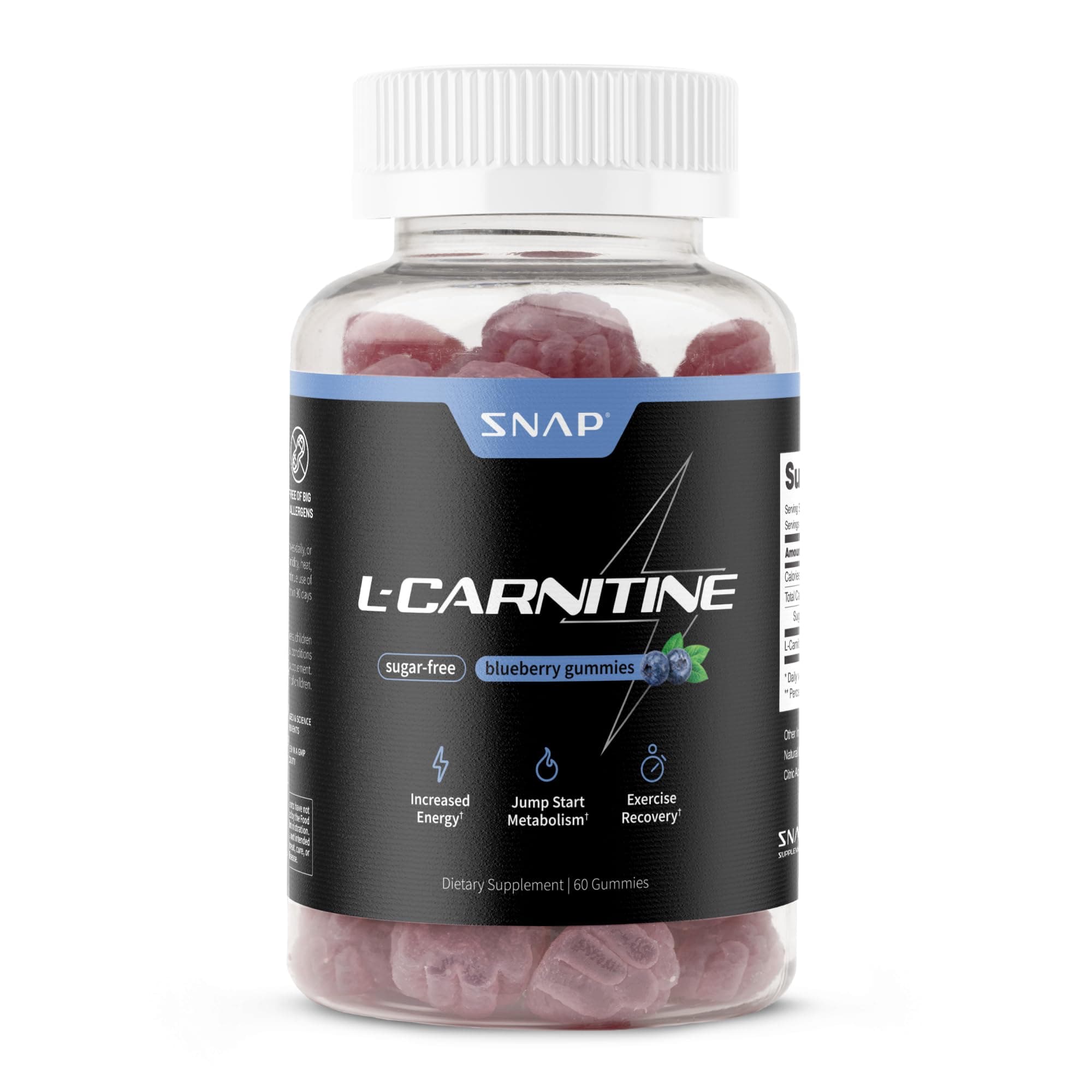 Sugar Free L Carnitine Gummies - Natural Pre Workout L-Carnitine Supplement for Women & Men - Increased Energy, Faster Recovery, Boost Metabolism, Blueberry Flavor (60 Gummies)