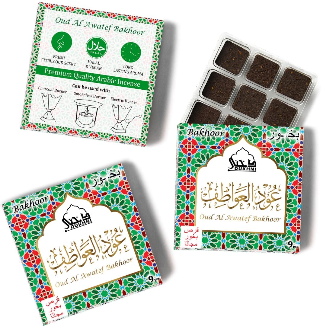 Oud Al Awatef Bakhoor عود العواطف بخور by Dukhni | 3 boxes x 9 Piece each | Arabic Bakhoor Incense| Fresh Citrus Oud Blend | Perfect for Prayer Time | To Relax & Meditate | Handmade Traditional recipe