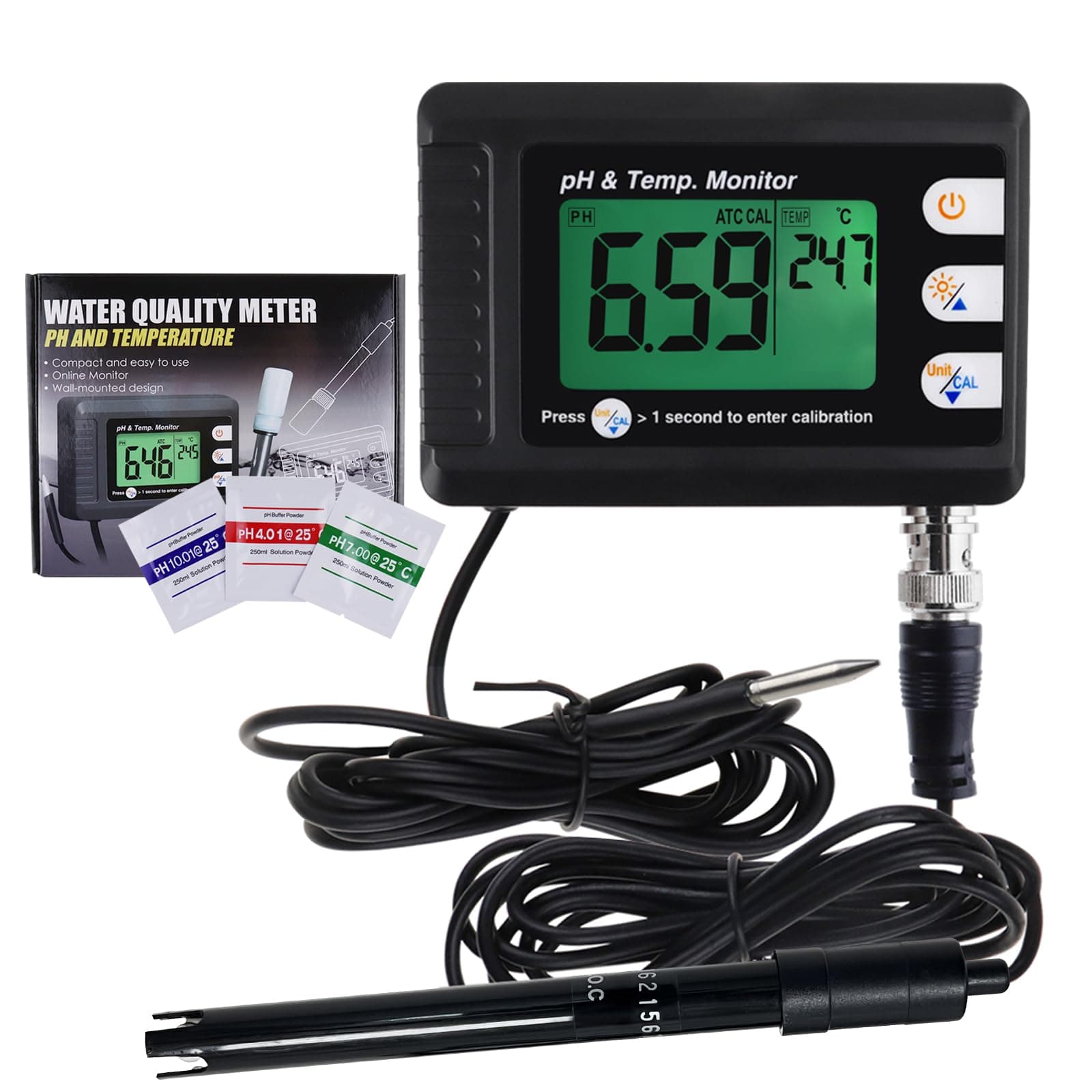 2 in 1 Temperature pH Monitor Meter Tester Sensor test Kit 0~14.0 pH Automatic Buffer Recognition BNC electrode Probe for Hydroponics Aquarium Lab Testing Food Drinking Water pH of saltwater/seawater