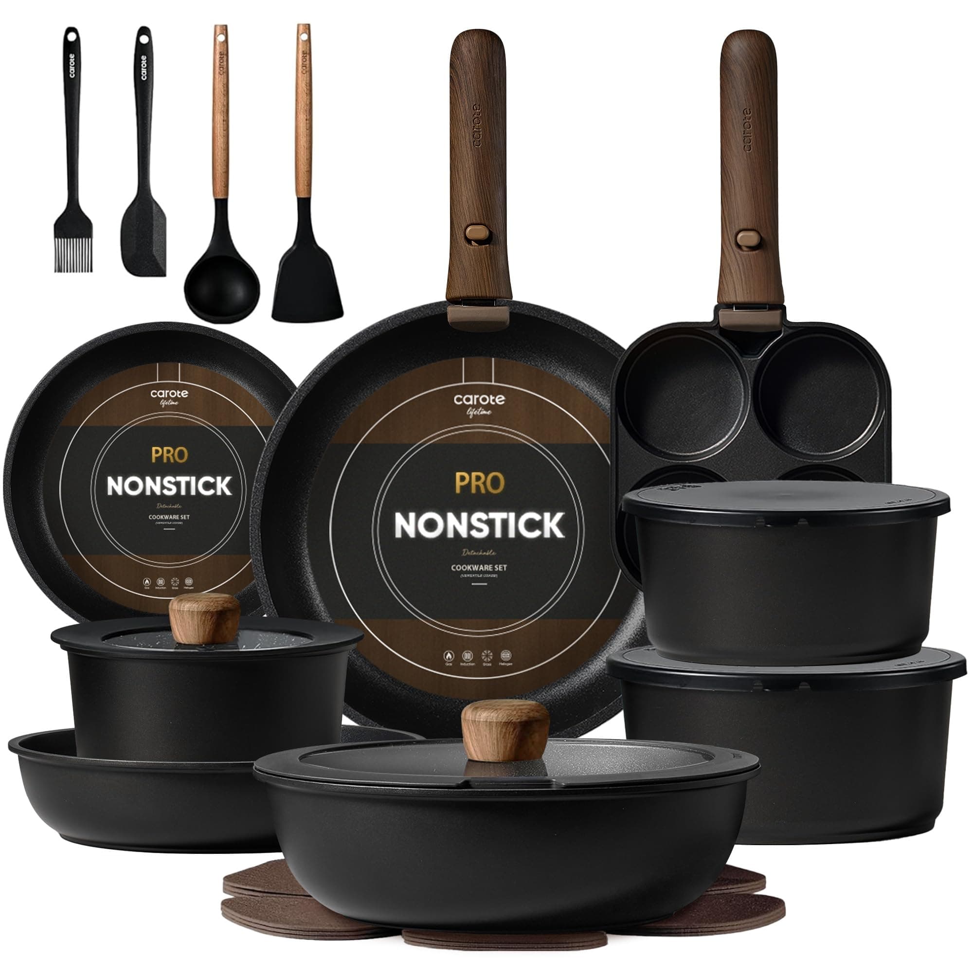 CAROTE 25pcs Pots and Pans Set Non Stick, Cookware Sets, Kitchen Set, Oven/Dishwasher/Fridge Safe, Space Saving Pots Set, Nonstick Set with Versatile Detachable Handle, Induction RV Set, Black
