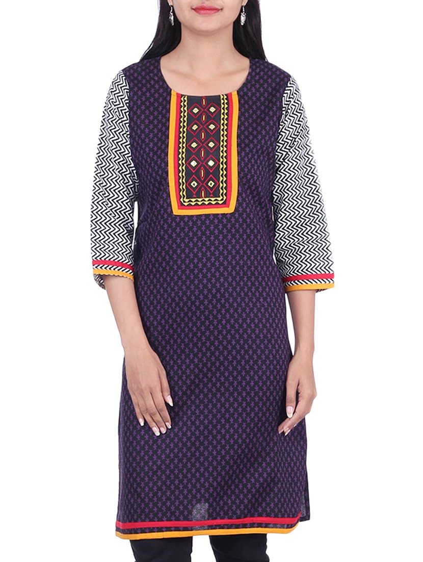 BleuIndus Women's Printed Embroidered Mirrors Kurti