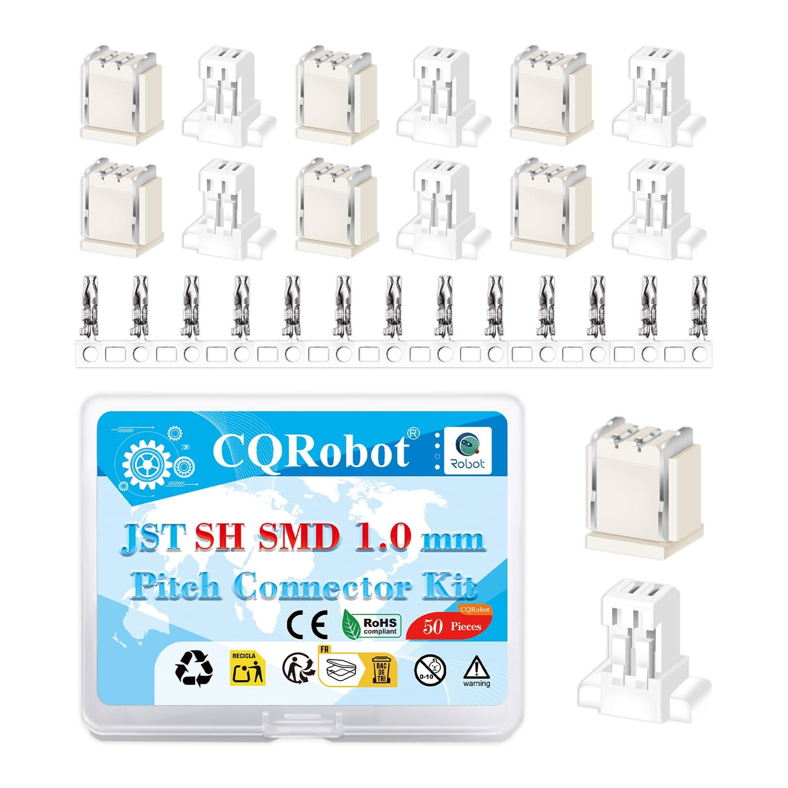 CQRobot JST SH SMD 1.0 mm Pitch 2-Pin Electronic Computer Connector IC Male Plugs, Female Sockets Housing and T-Shaped Crimp Terminal Kit. 50 Sets/200 Pieces Wire-to-Board Adapter Cable Assembly.