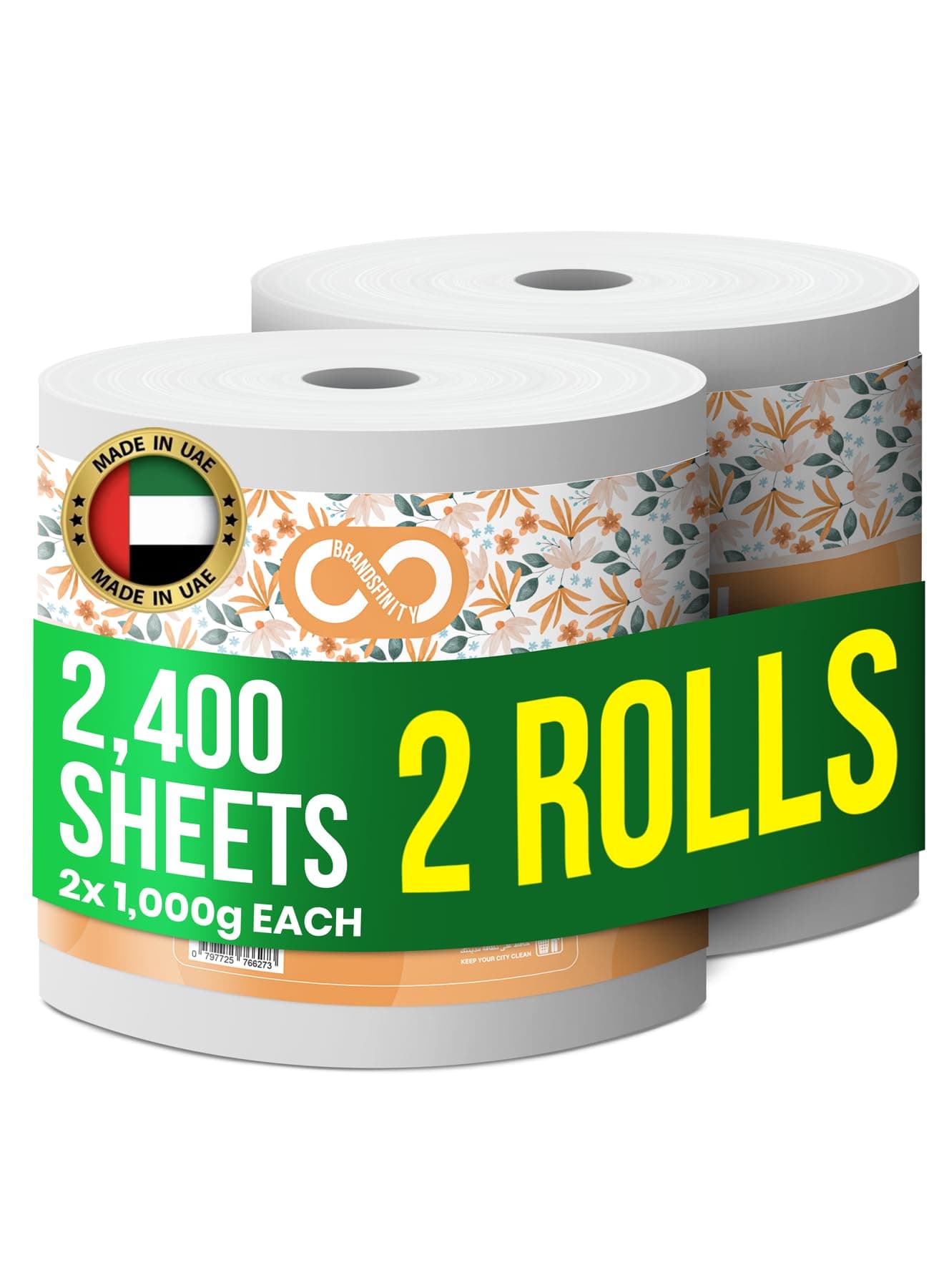 Brandsfinity Maxi Roll – Pack of 2 Rolls, 2400 sheets, 1000g x 2 Ply Highly Absorbent Multi Purpose Kitchen Tissue Paper Towel for all Surfaces