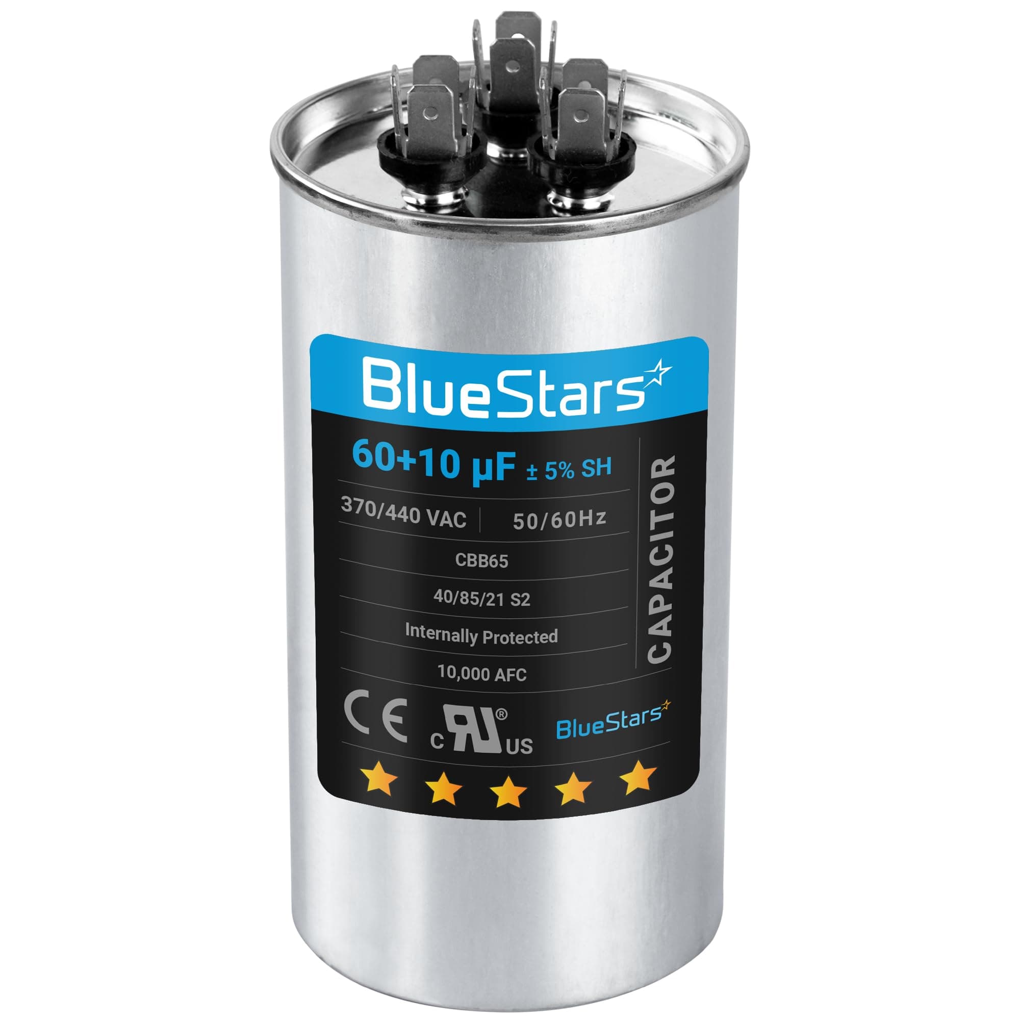 60+10 uf 370-440VAC ±5% Volts Round Run Start Capacitor Electric Replacement Part by Blue Stars - Exact Fit for HVAC, Air Conditioners, Heat Pumps