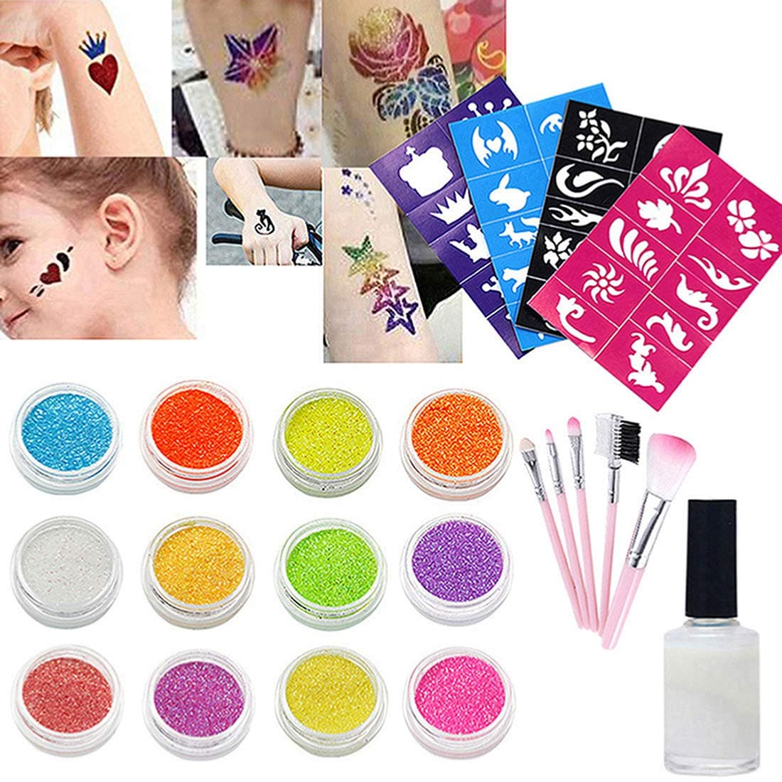 Body Glitter Tattoo Set Party Decorations Temporary Tattoos Makeup Set (12 Color Bottles of Glitter Powder, 4 sheets Cool Tattoo Stencils, 1 Glue Applicator, 5 Brushes) Glitter Tattoo Kits for Kids