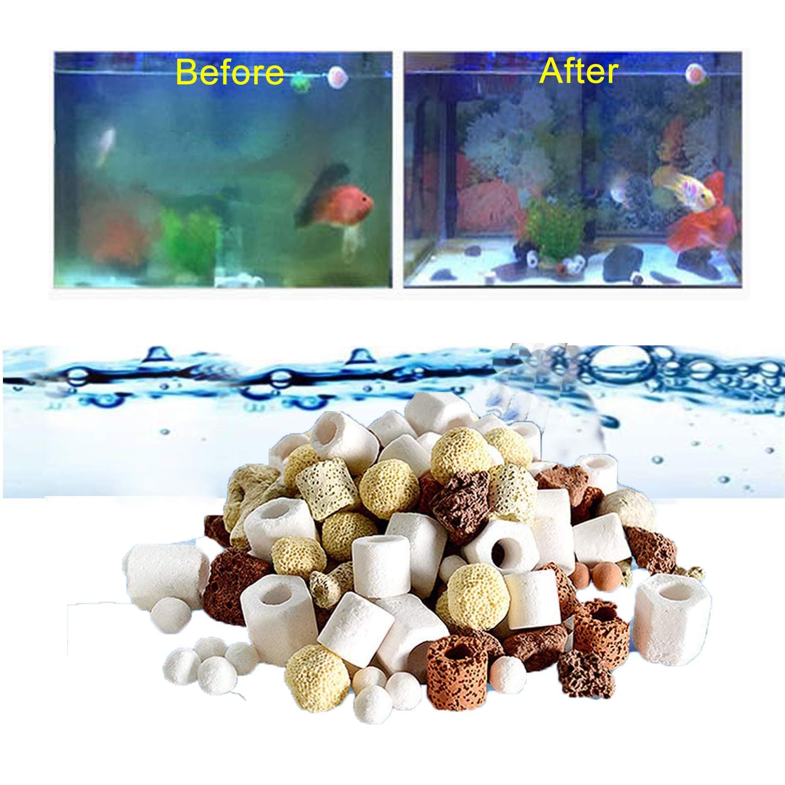 17OZ Aquarium Filter Mixed Ceramic Small Balls Media, Fish Tank Water Filtration Pond Filter Ceramic Rings Brown Volcanic Rock for Water Quality Improve, PH Adjust