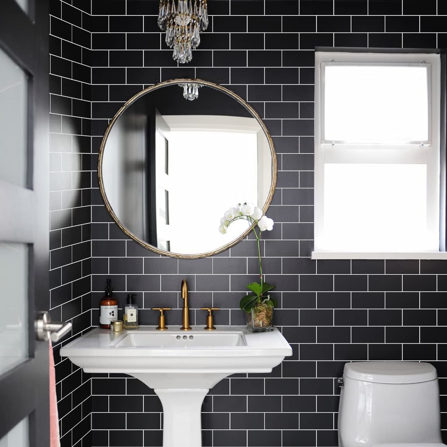 Alwayspon 27Pcs Wall Tile Transfers Sticker for Home Decor, Peel and Stick Self-Adhesive Splashback, Stick on Tile Decals for Living Room Kitchen Bathroom Decor, Black