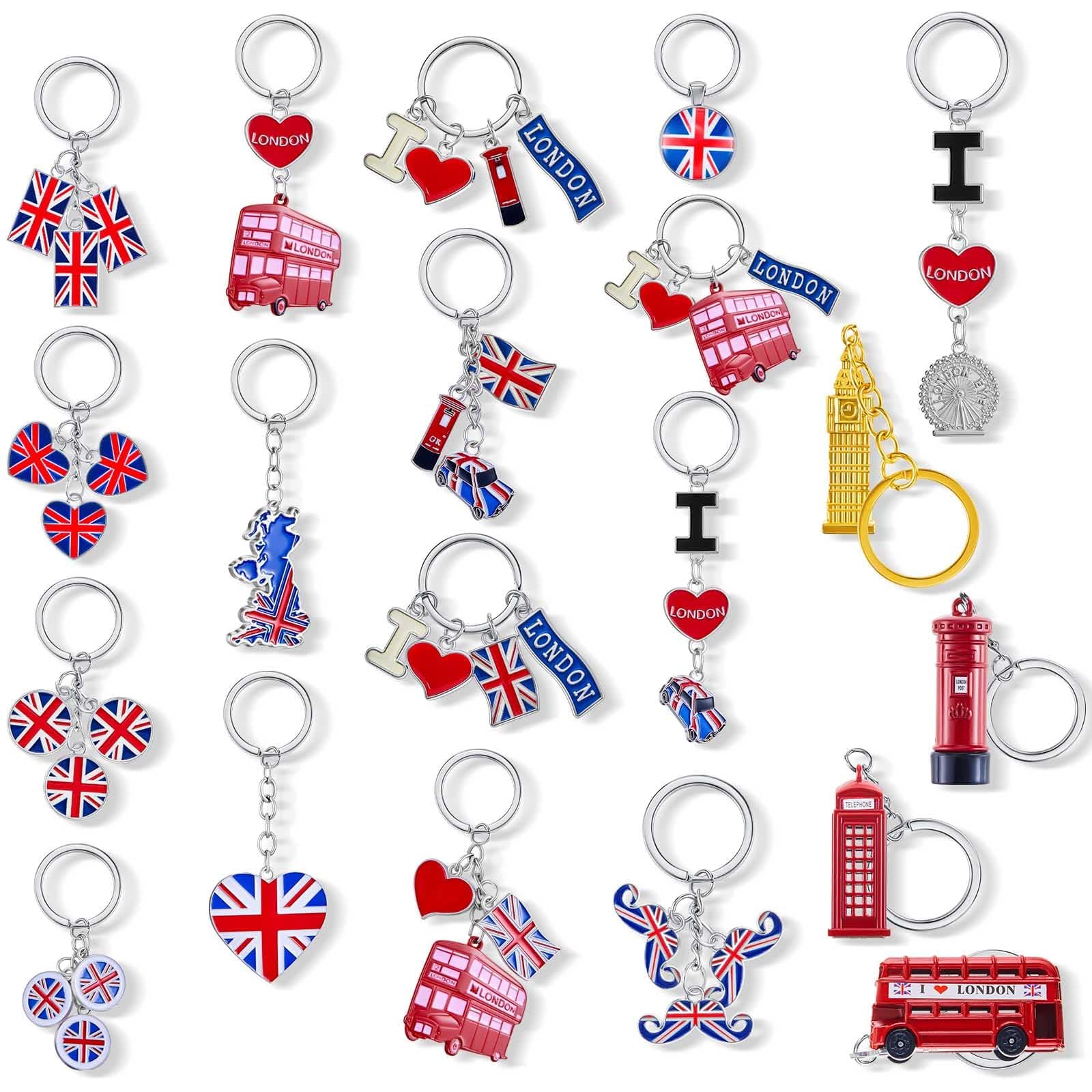 Inbagi 20 Pcs London Souvenir Keychains Bulk British Gift Key Rings for Christmas Decoration Ornaments Prize Multi Style
