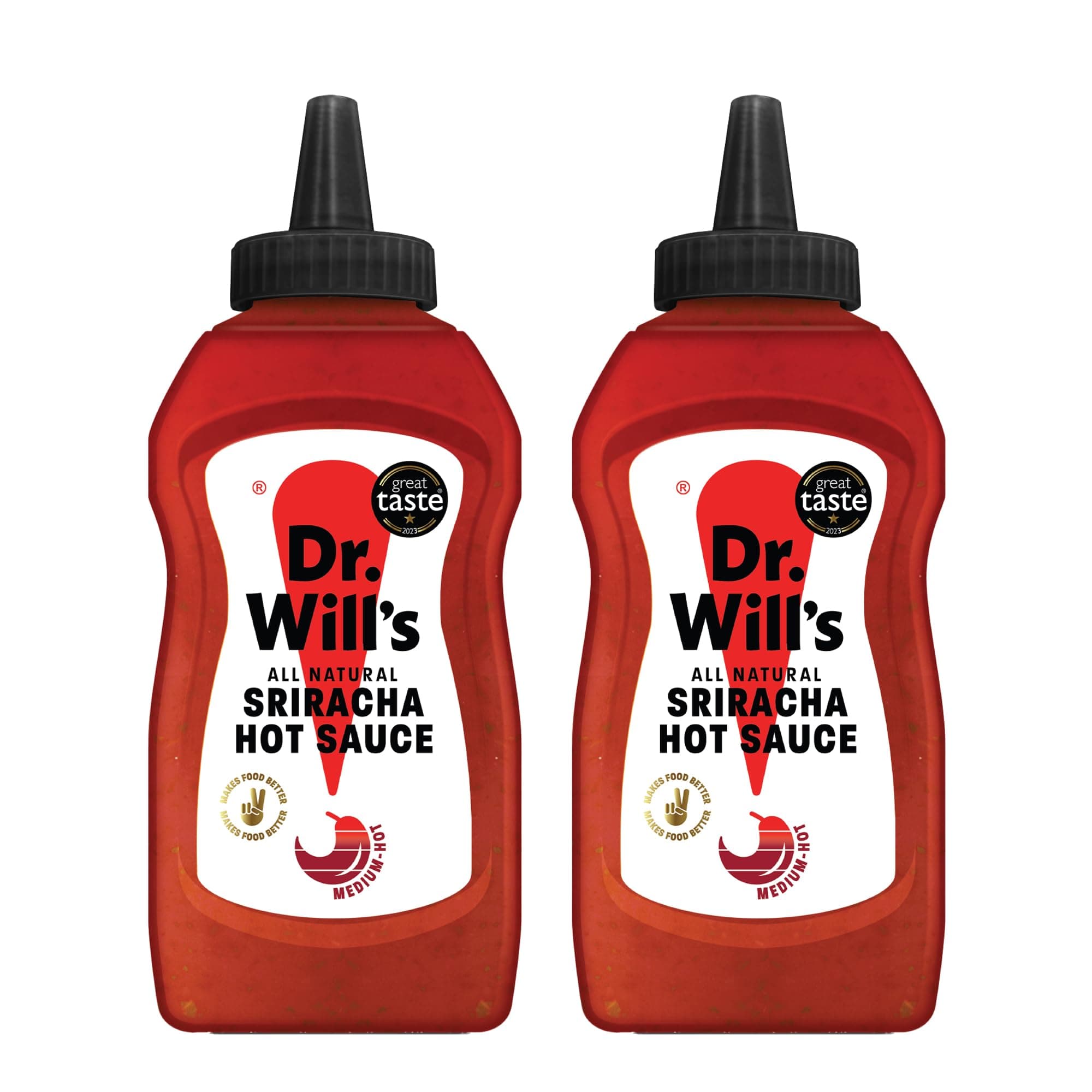 Dr Will's Hot Sriracha Sauce in Easy Squeeze Bottle | Made with Fermented Chillies | Sweetened Naturally | Keto | Vegan | Gluten Free - 525 g (Pack of 2)