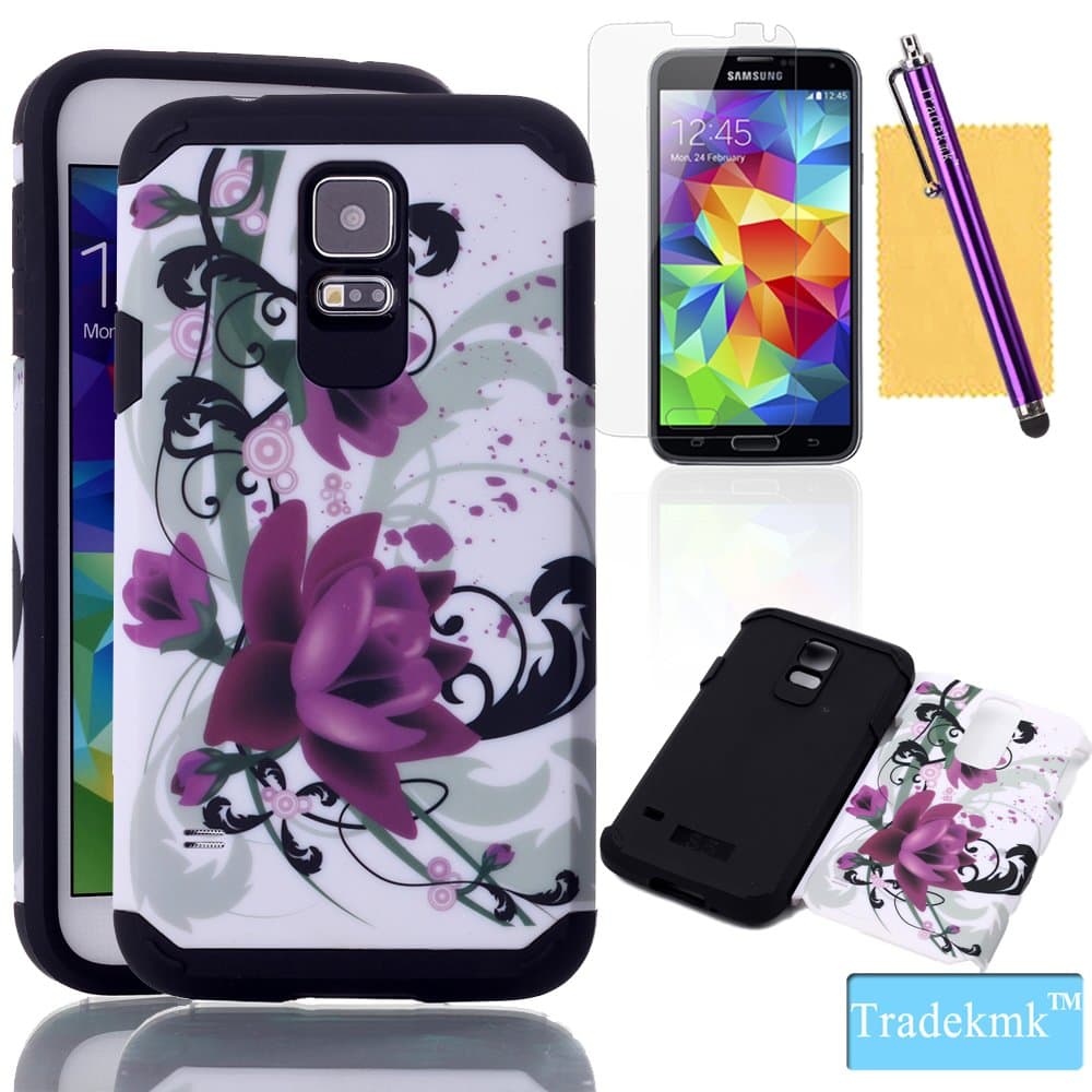 Galaxy S5 Case,Tradekmk(TM) Hybrid Two Layers Soft TPU+Hard PC High Impact Hard Back Case Protective Cover Fit for Samsung Galaxy S5 i9600(Purple),with Stylus Pen,Screen Protector and Cleaning Cloth
