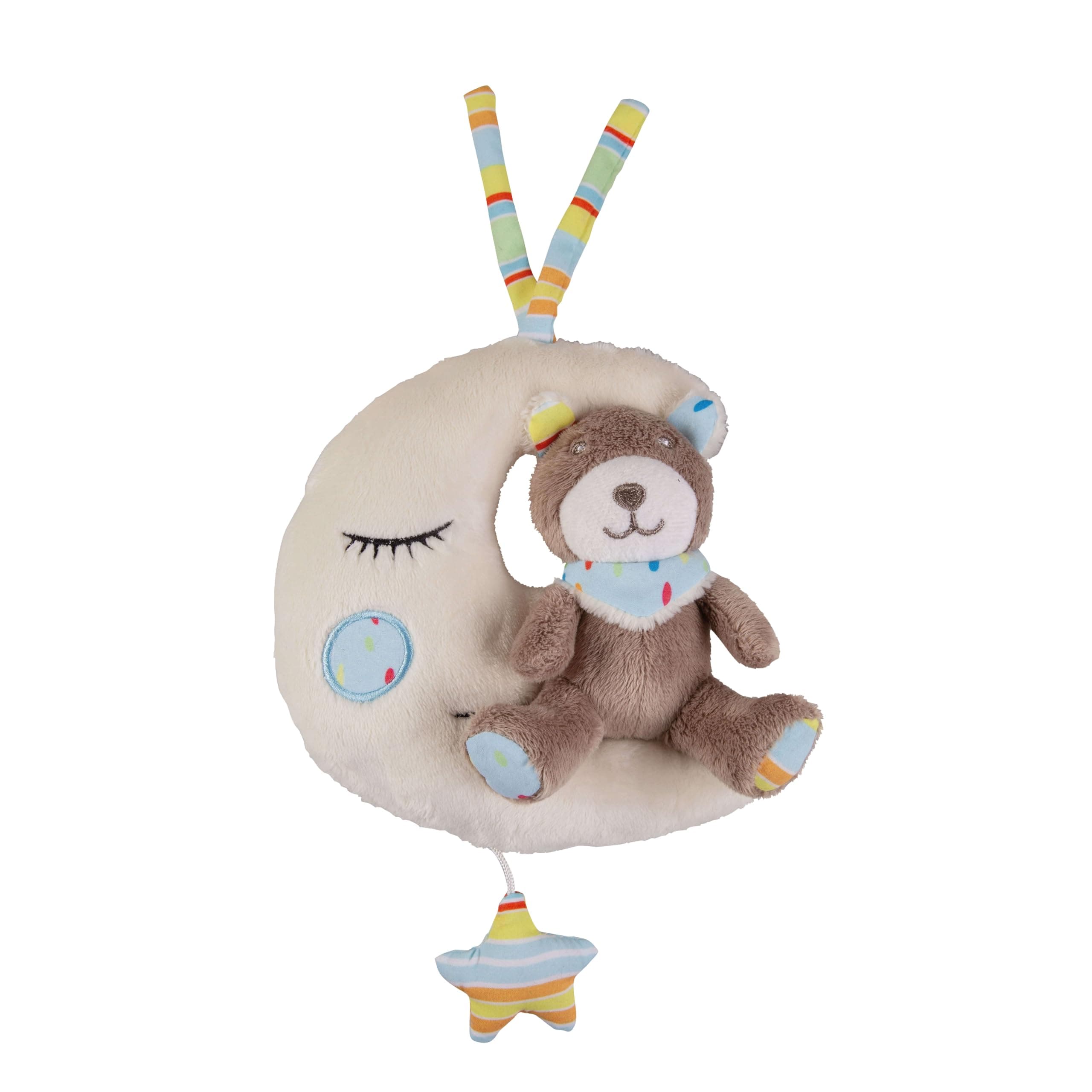 – babynova Teddy Bear with Moon Sleep Aid for Babies - Musical Toy with Melody Brahms Lullaby, no Battery Needed - Easy Attachment to Baby Bed or Pram - Baby Essentials for Newborn from 0 Months