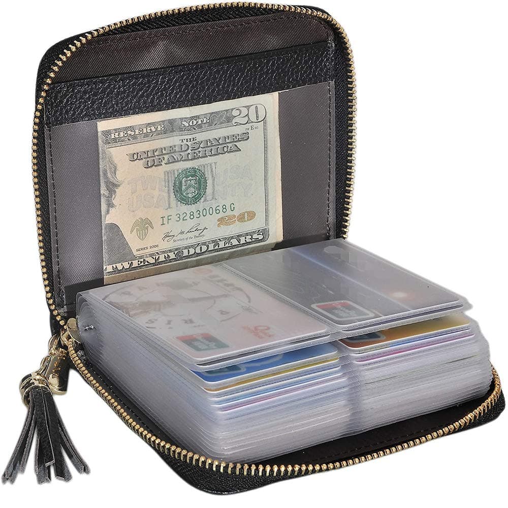 Womens Genuine Leather Zip Credit Card Holder Wallet RFID Blocking 40 Card Slots