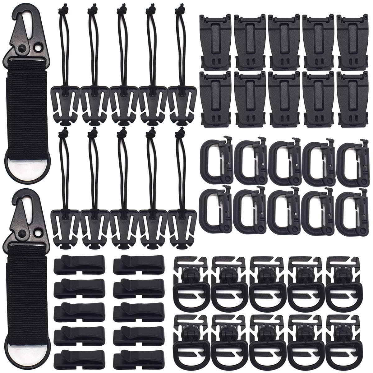 Tactical Attachments Set,RoadLoo 52 Pack Multipurpose Tactical Gear Carabiner Clip D-Ring Locking Water Tube Clip Web Dominator Buckle with Elastic String Molle Key Ring for Tactical Bags Backpack