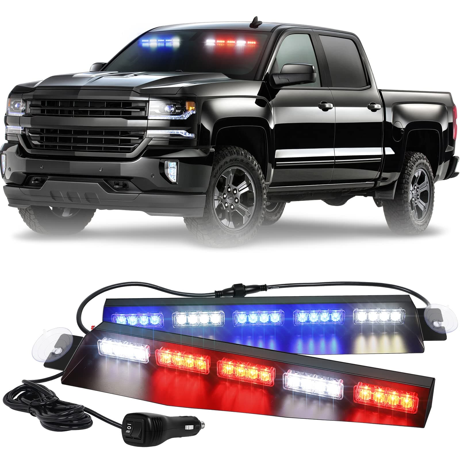XRIDONSEN 34 inch Emergency Visor Police Lights 40 LED Red Blue Police Light Bar Safety Flashing Warning Hazard Interior Front Windshield Strobe w/White Take Down Deck Split Mount for Vehicles Trucks
